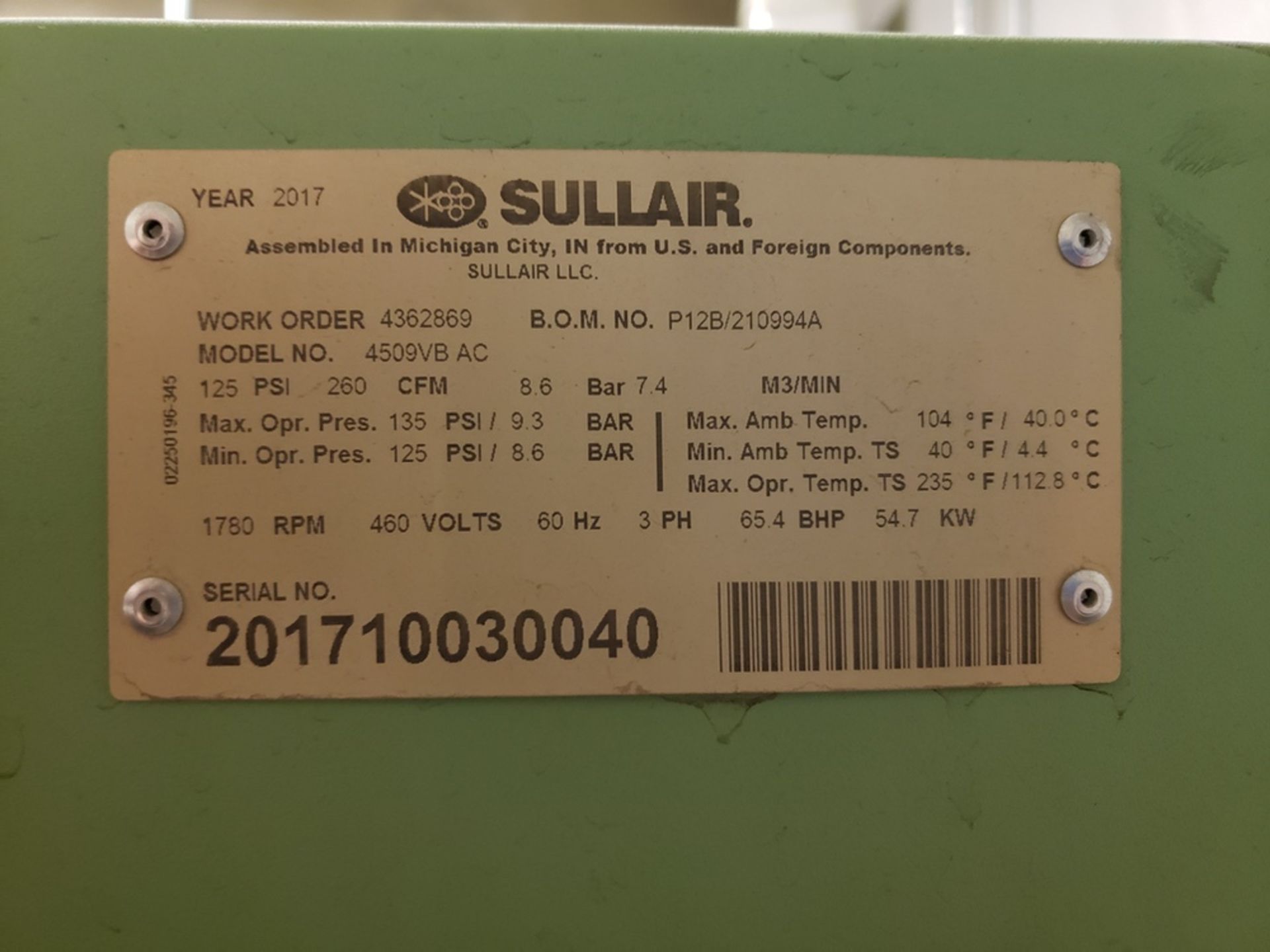 2017 Sullair Air Compressor, M# 4509VB AC, S/N 201710030040, 5733 Hours | Rig Fee: $500 - Image 2 of 3