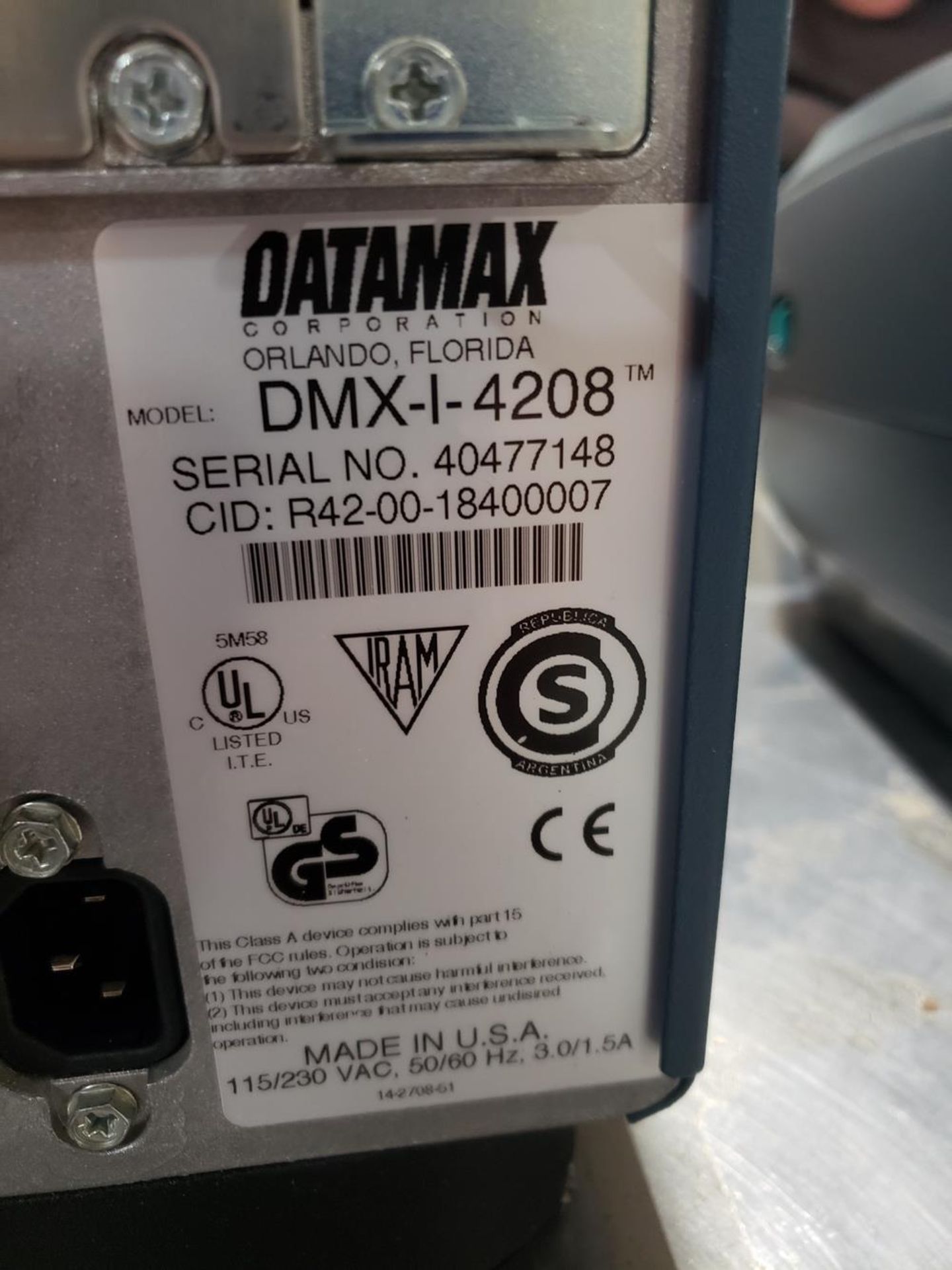 Datamax Label Printer, M# DMX-1-4208, S/N 40477148 | Rig Fee: $25 - Image 2 of 2