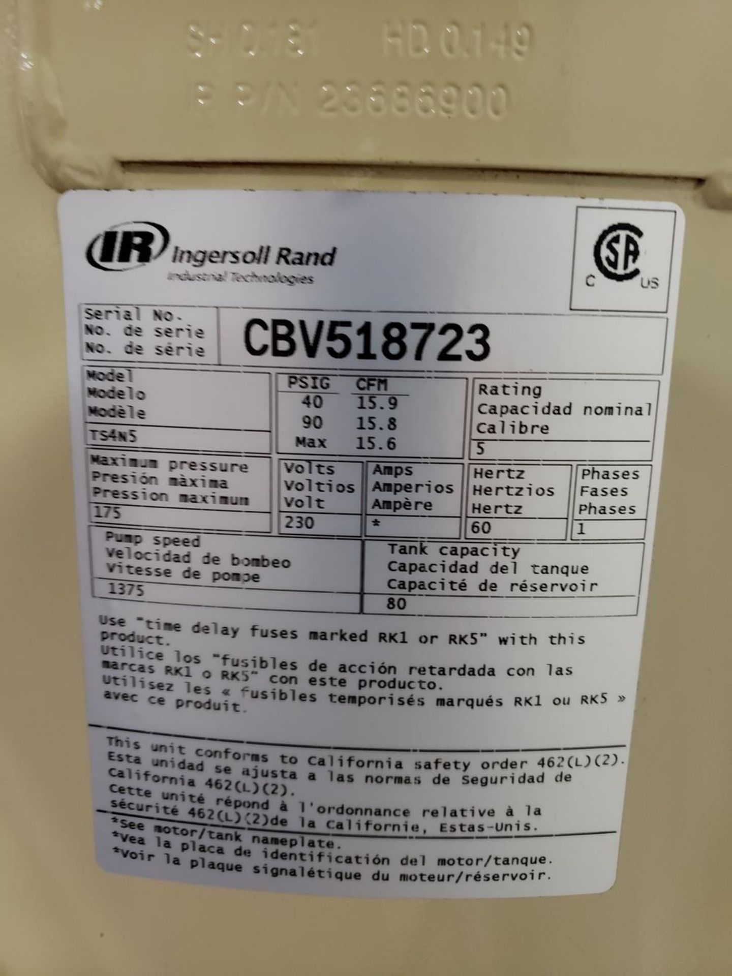 Ingersoll Rand Air Compressor, M# TS4n5, S/N CBV518723 | Rig Fee: $150 - Image 3 of 3