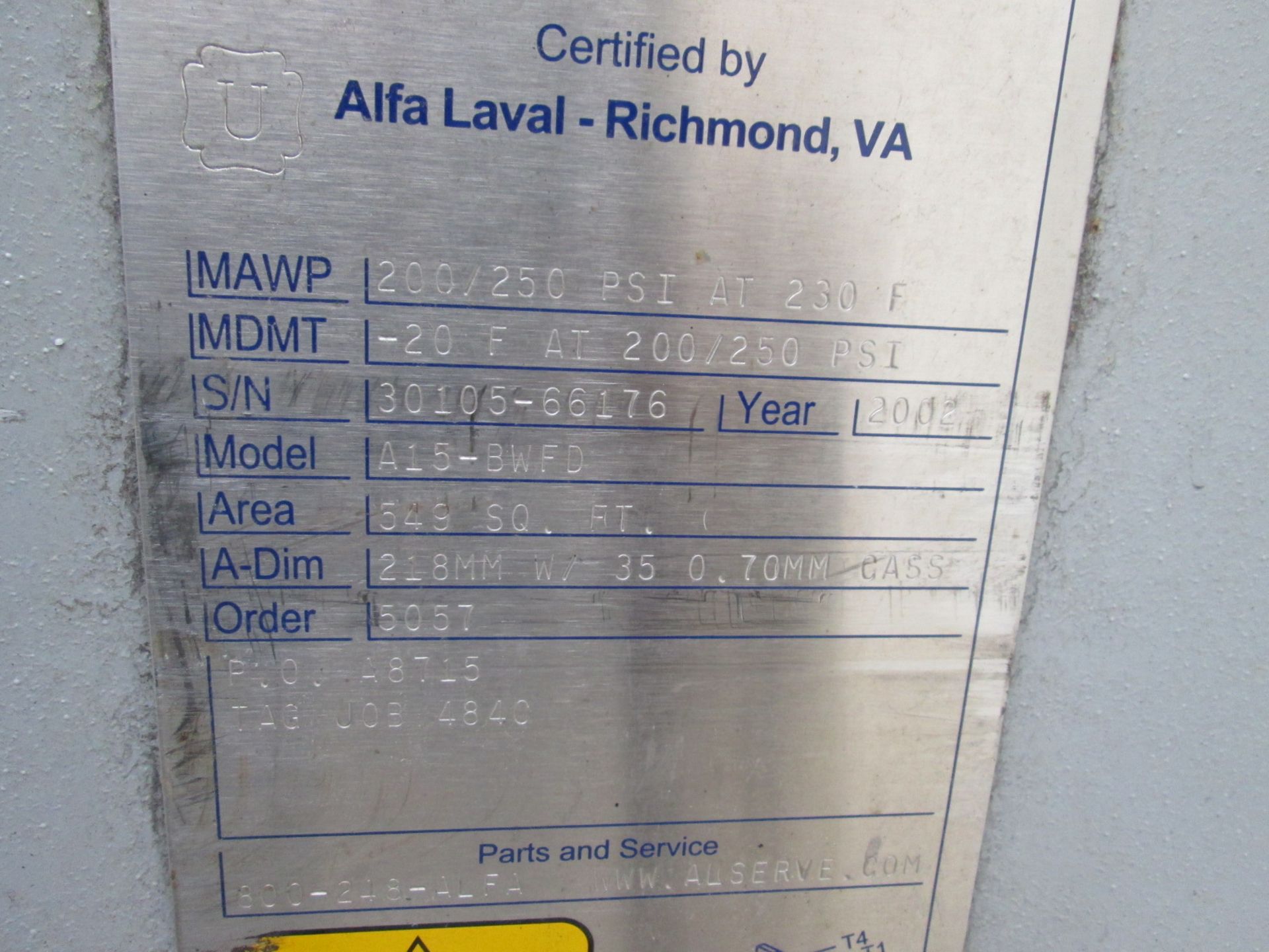 Alfa-Laval Model A15-BWFD Plate and Frame Ammonia Chiller, S/N: 30105-66176 | Load Fee: $50 - Image 3 of 3