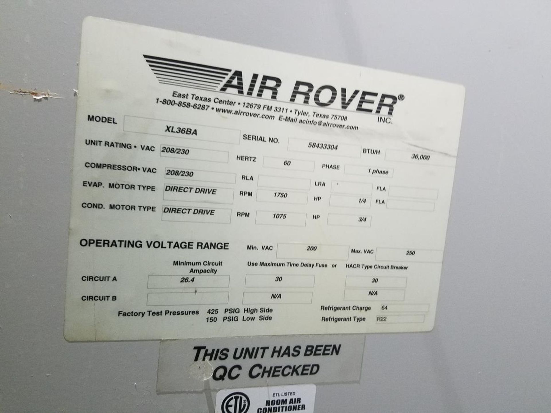 Air Rover Portable Air Conditioning System, M# XL36BA, S/N 58433304 | Rig Fee: $75 - Image 2 of 2