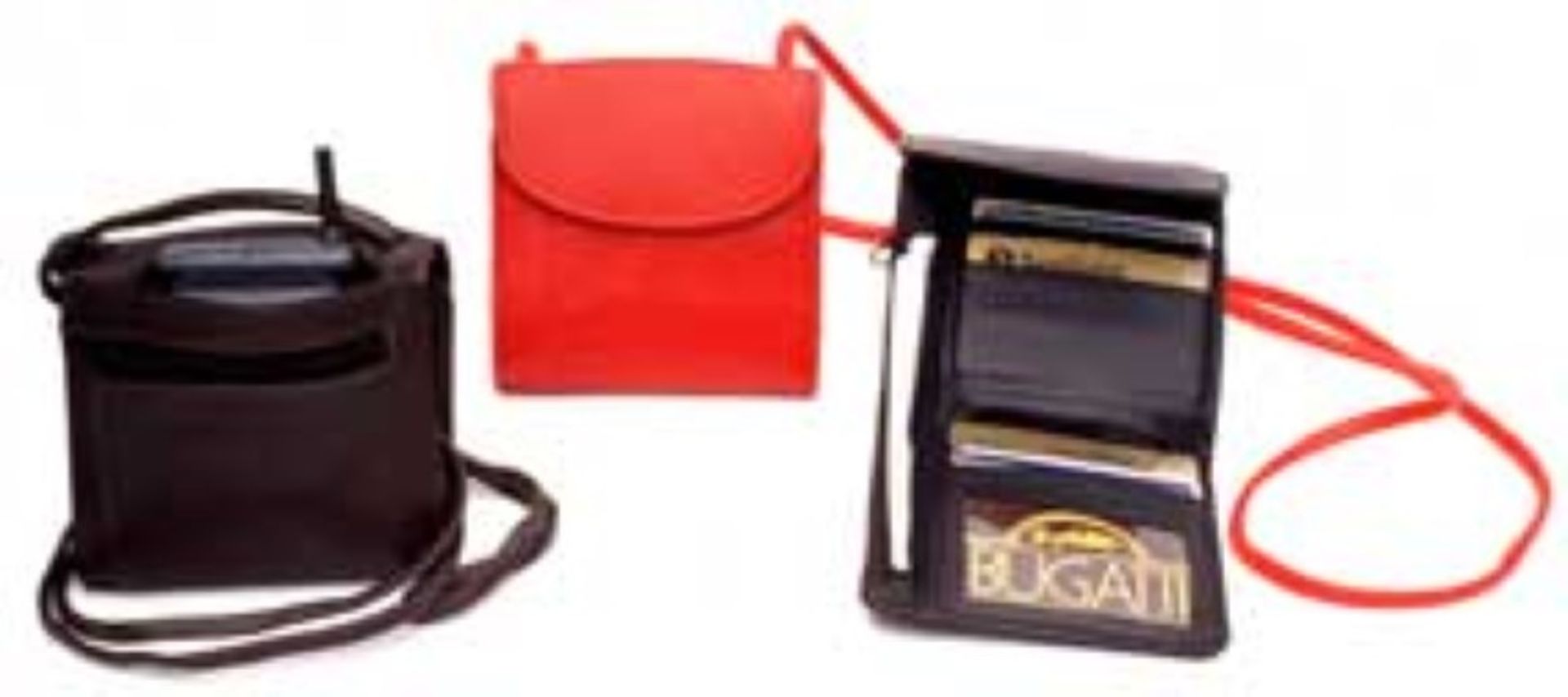 (25) Leather wallet with shoulder strap and a pocket for cellular phone. Snaps open to credit card