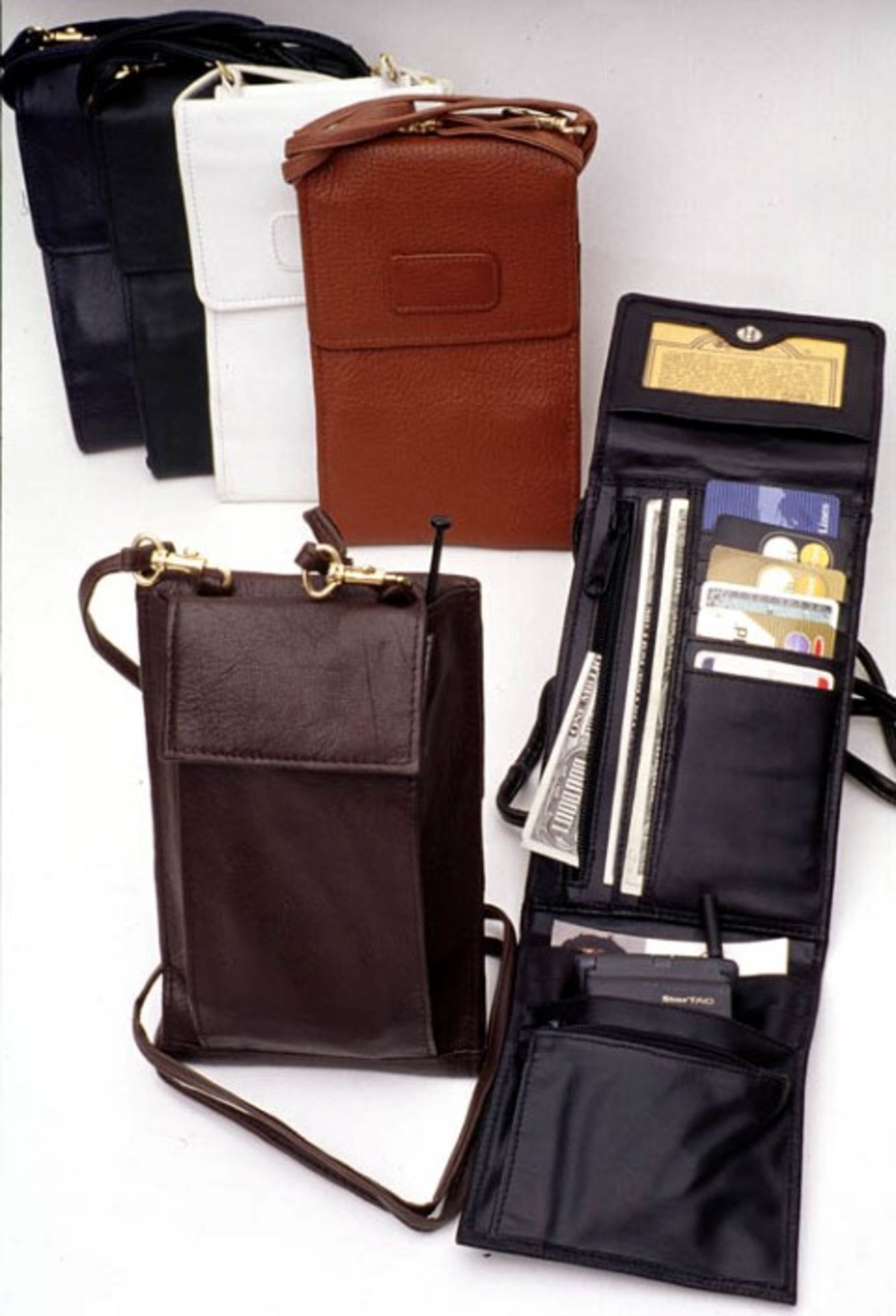 (50) Genuine leather cellphone wallet on a detachable shoulder strap. Will also fit a checkbook,