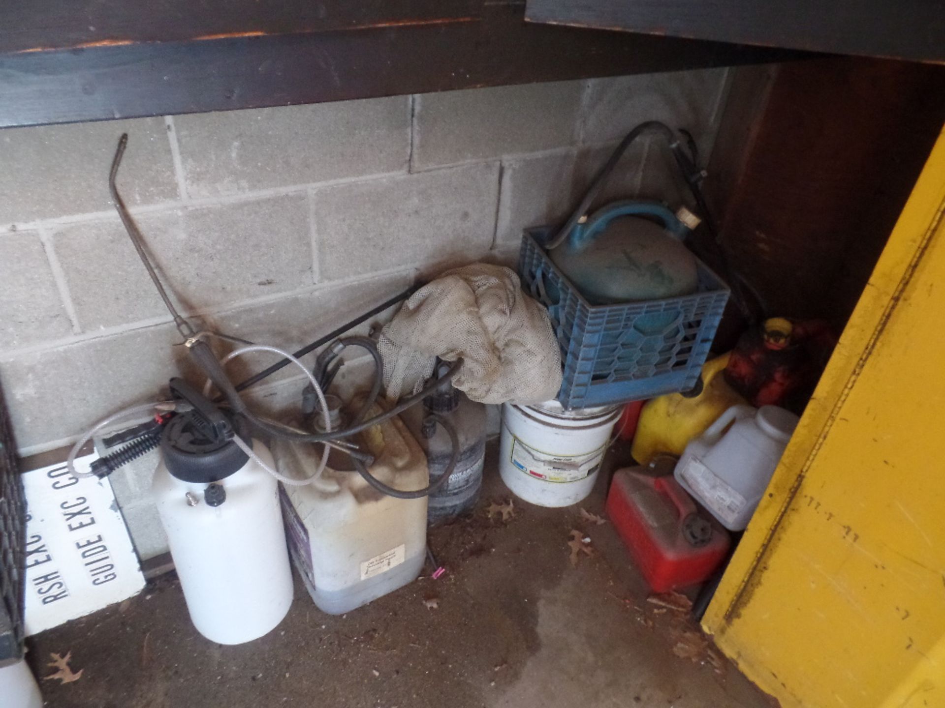 (Lot) Bal In Corner c/o: Gas cans, Sprayer, Cleaners