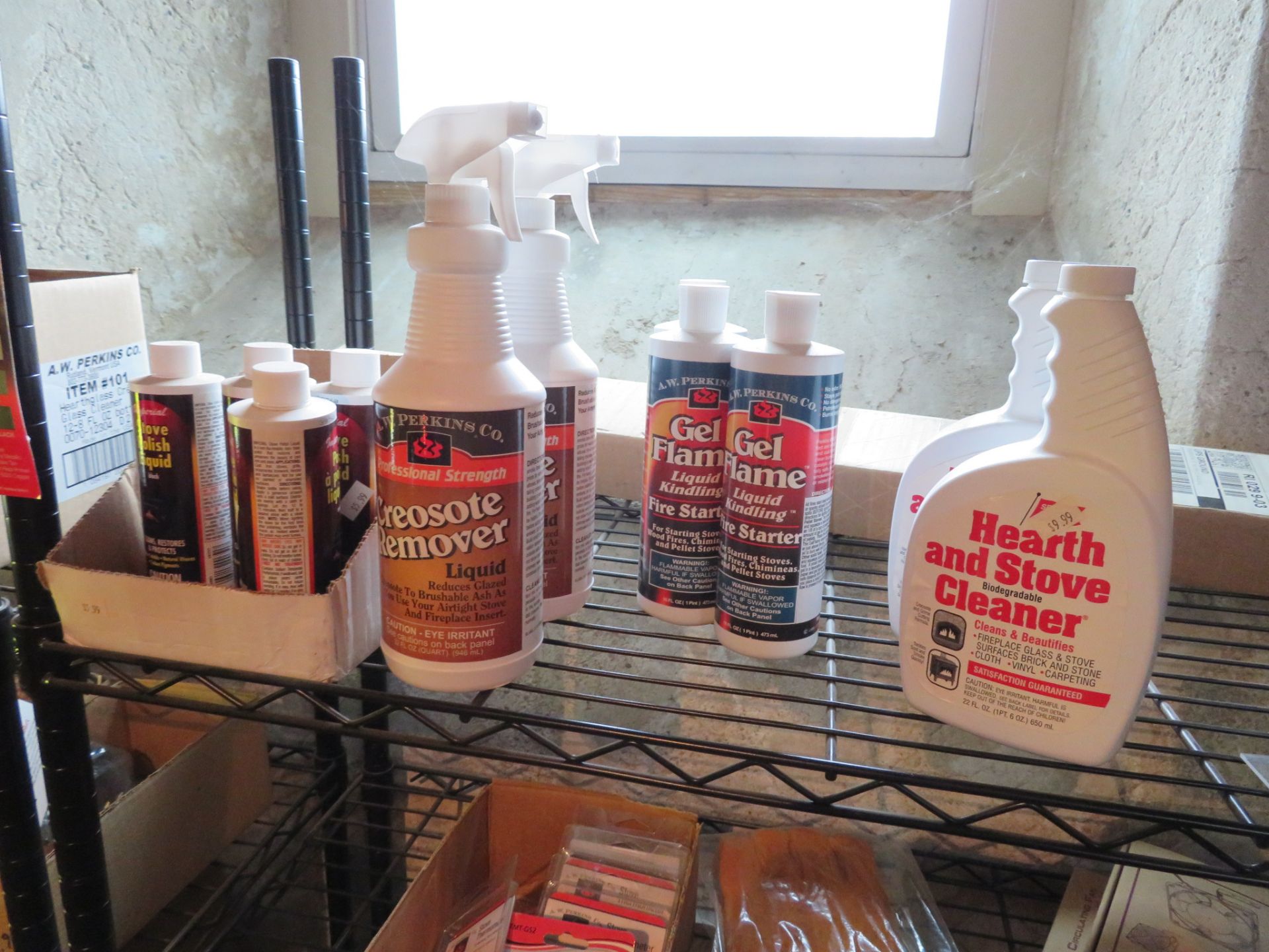 [LOT] Supplies on 1 Section of Metro Shelving C/O Stove Polish Liquid, Grill Components, Gel Flame