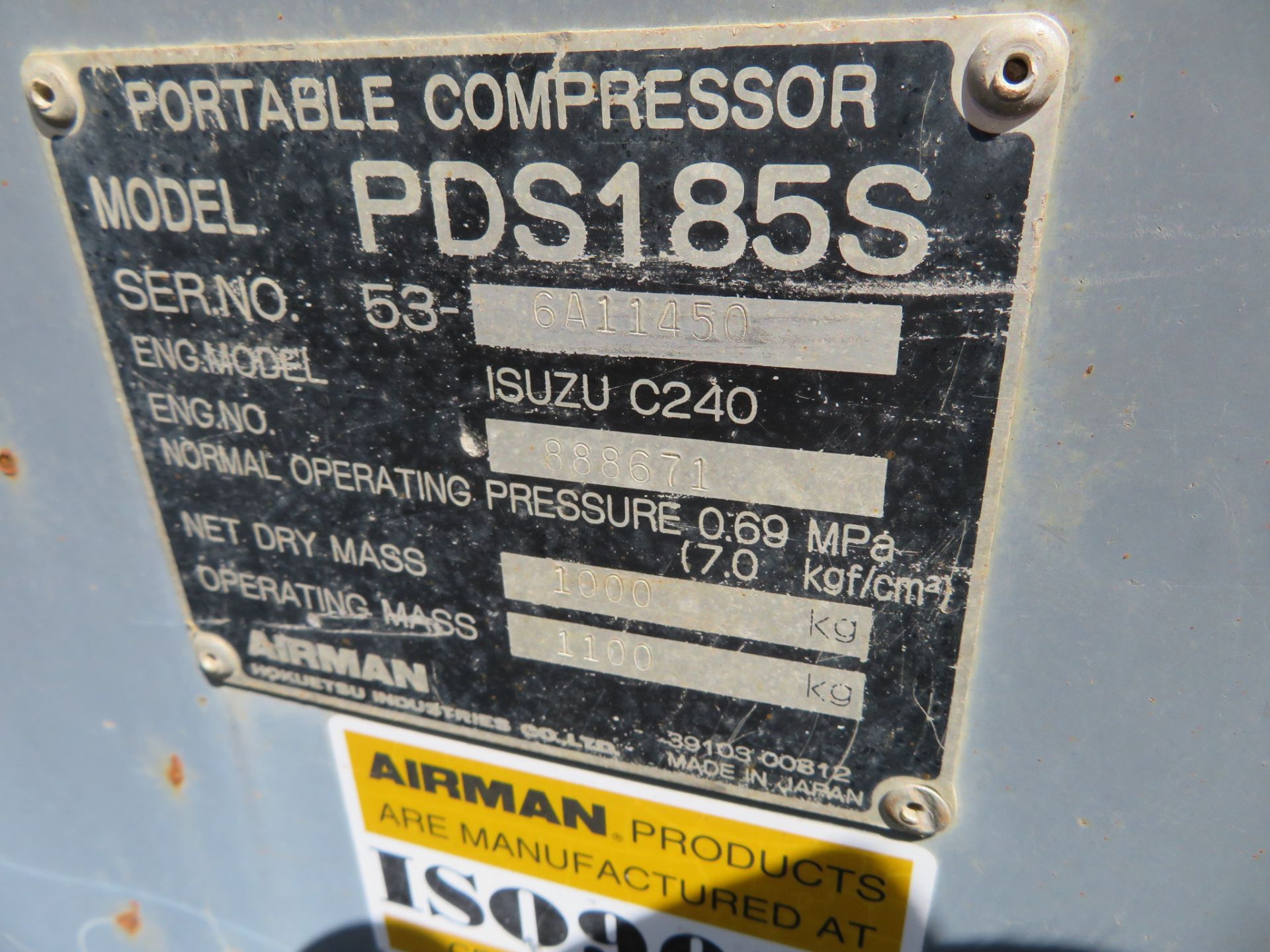 Airman #PDS185S Towable Diesel Air Compressor, Single Axle, Pintle Hitch, Hrs: 3,070, S/N: 53- - Bild 2 aus 2