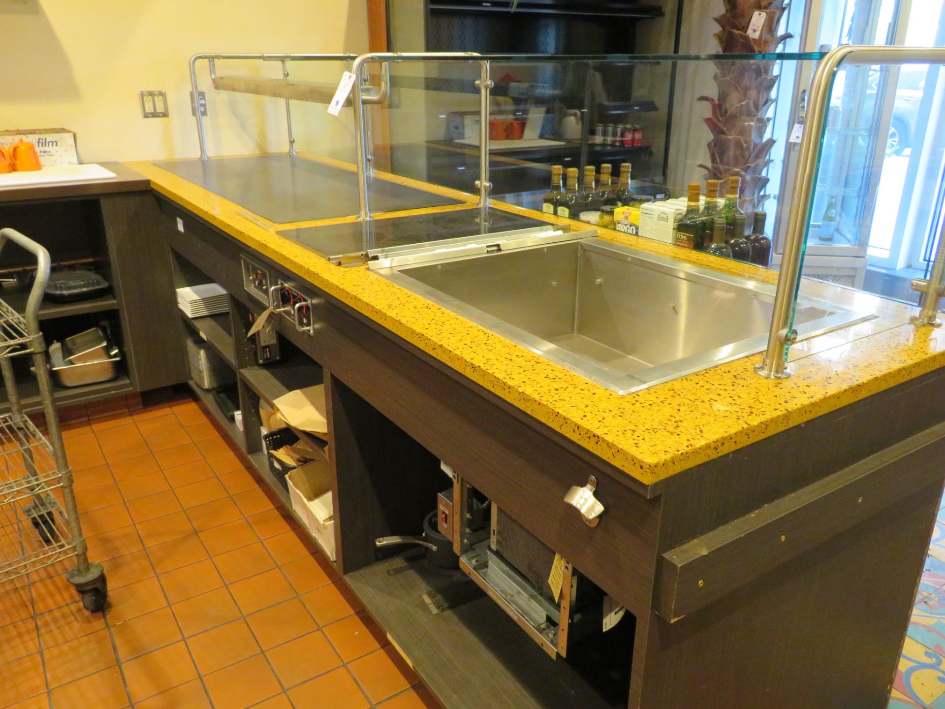 Approx. 10' Take Out Service Counter w/ Solid Surface Top Sneeze Guard Heat Lamp, 30" Drop in REF