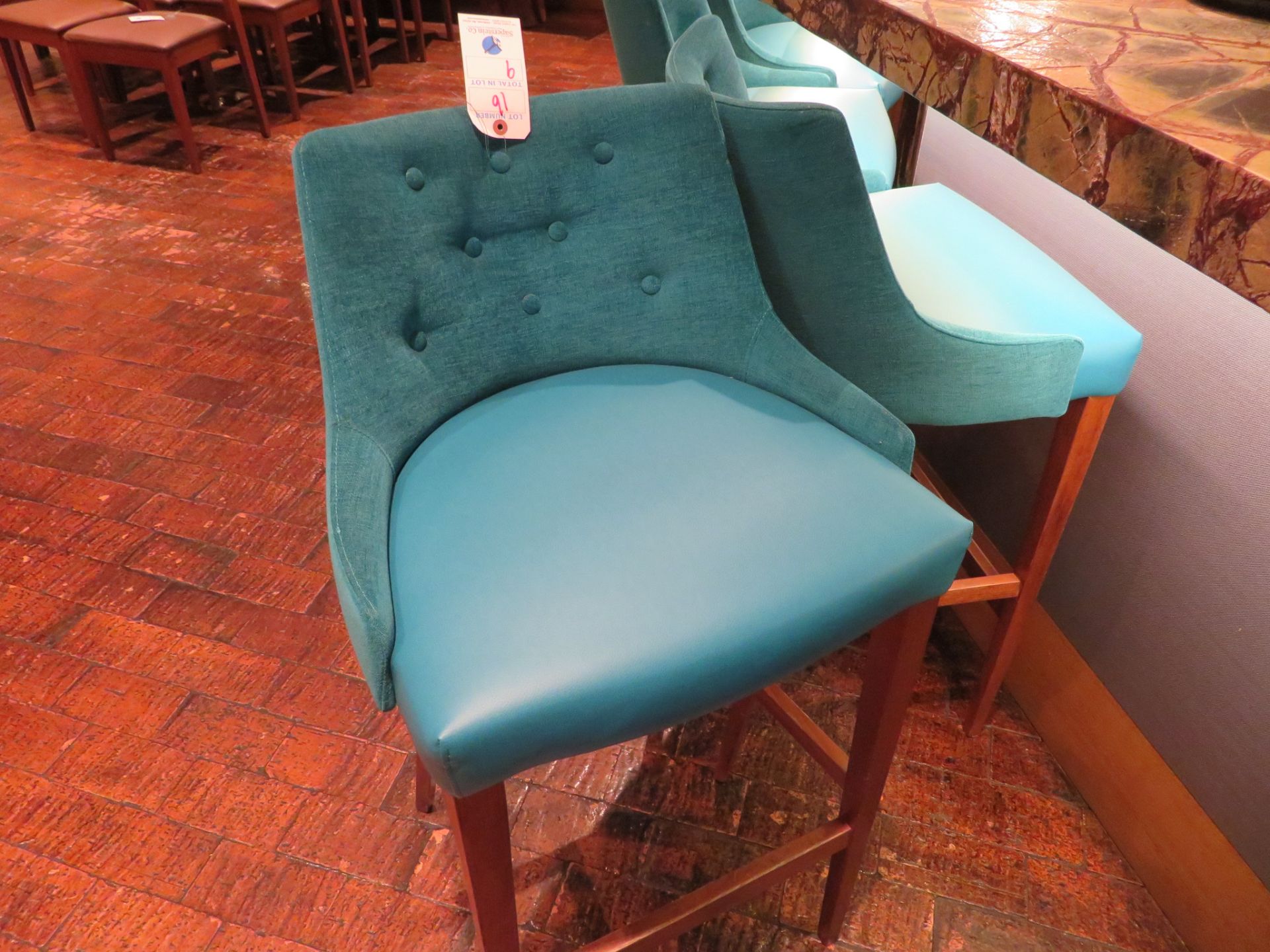 (9) Teal UPH Tufted Fabric Back w/ Teal Vinyl UPH Seat Wood Leg Bar stools