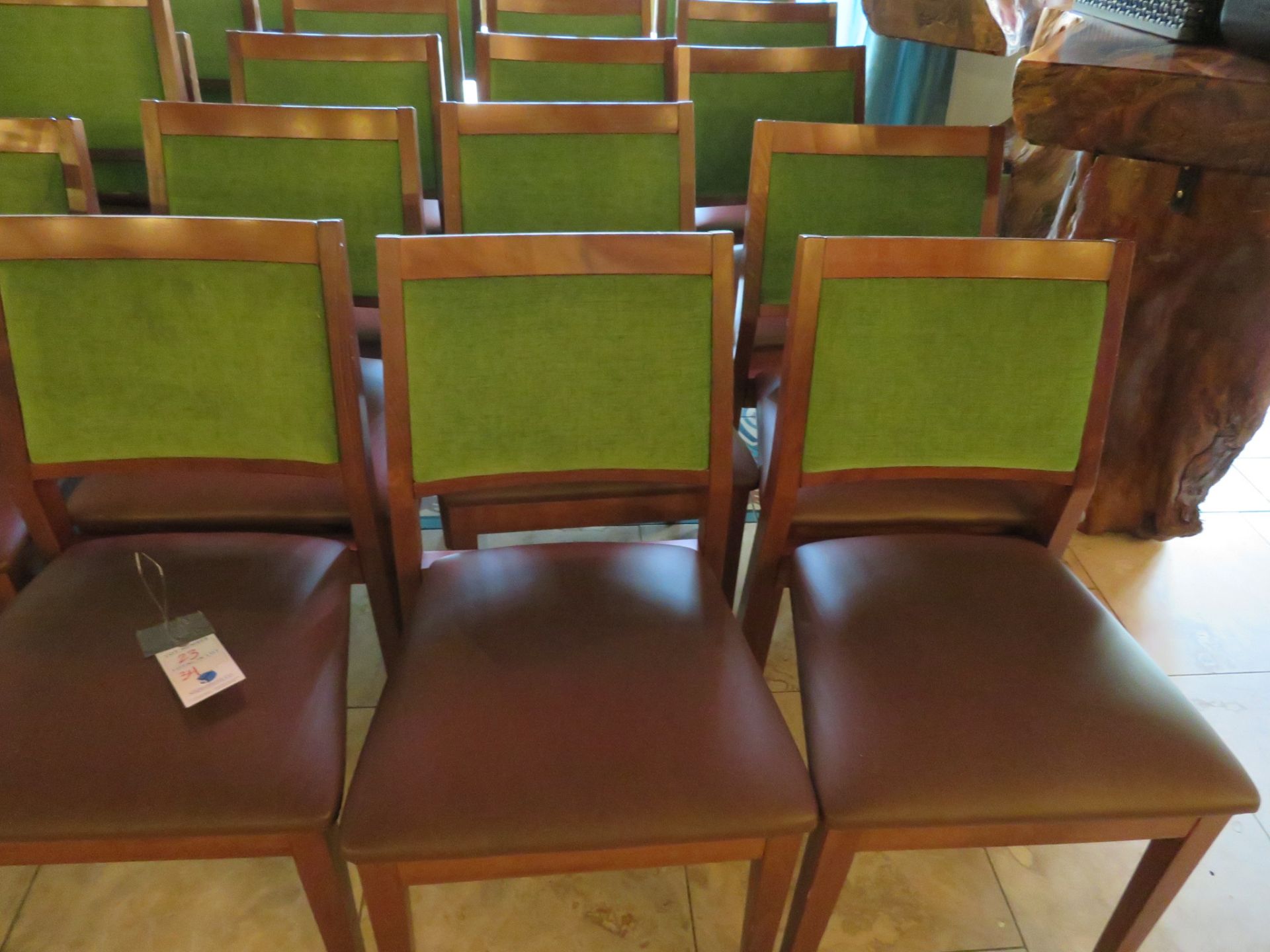 (34) Brown Vinyl UPH Seat w/ Green Fabric Back Wood Framed Chairs