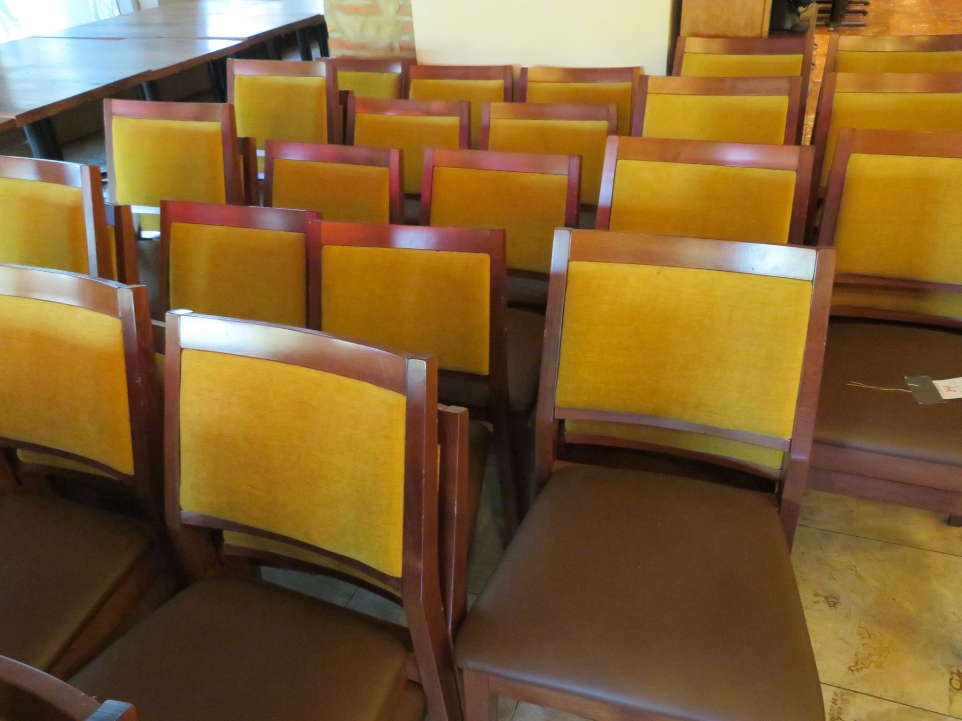 (41) Brown Vinyl UPH Seat w/ Gold Fabric Back Wood Framed Chairs - Image 2 of 2