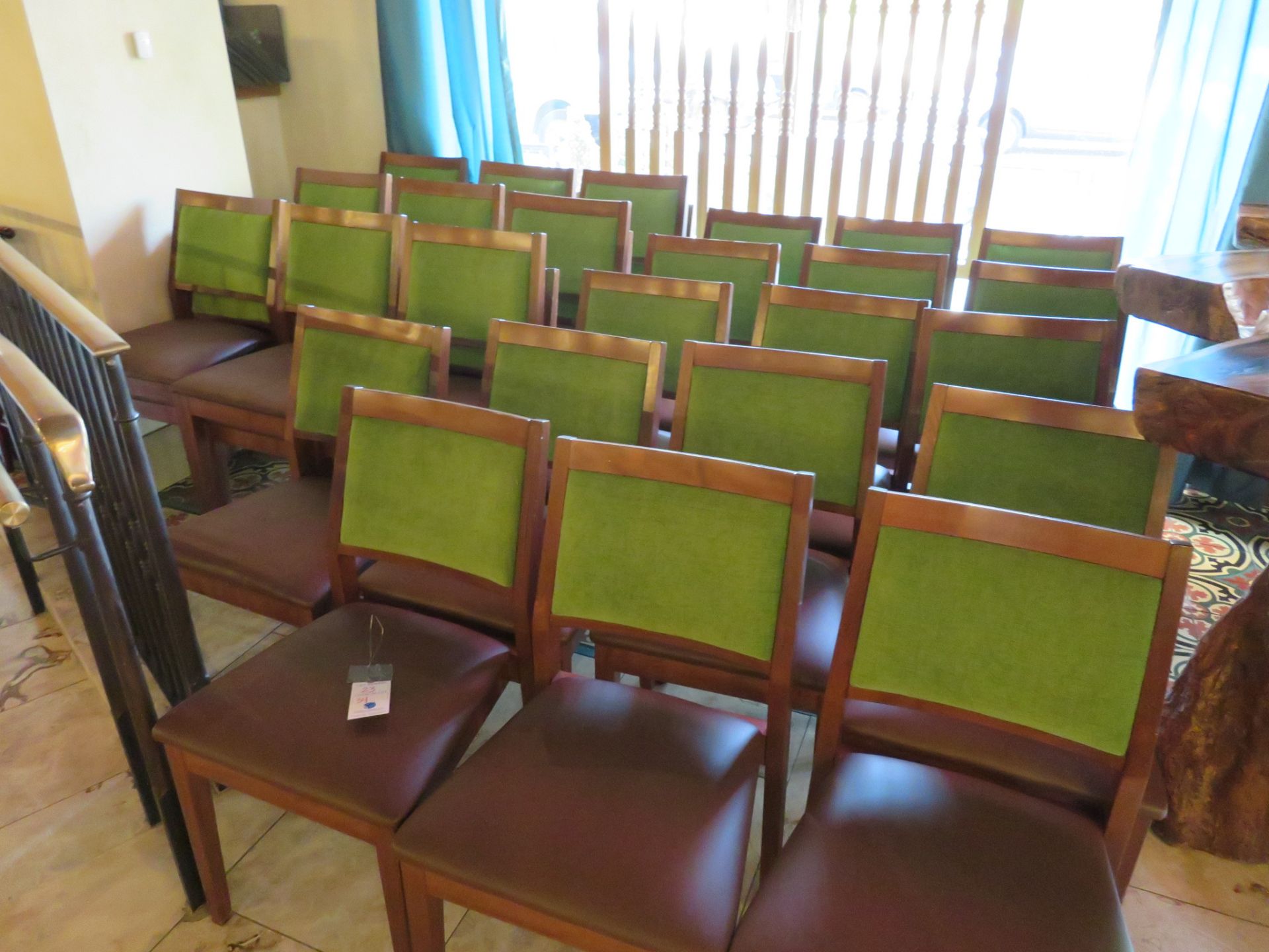 (34) Brown Vinyl UPH Seat w/ Green Fabric Back Wood Framed Chairs - Image 2 of 2