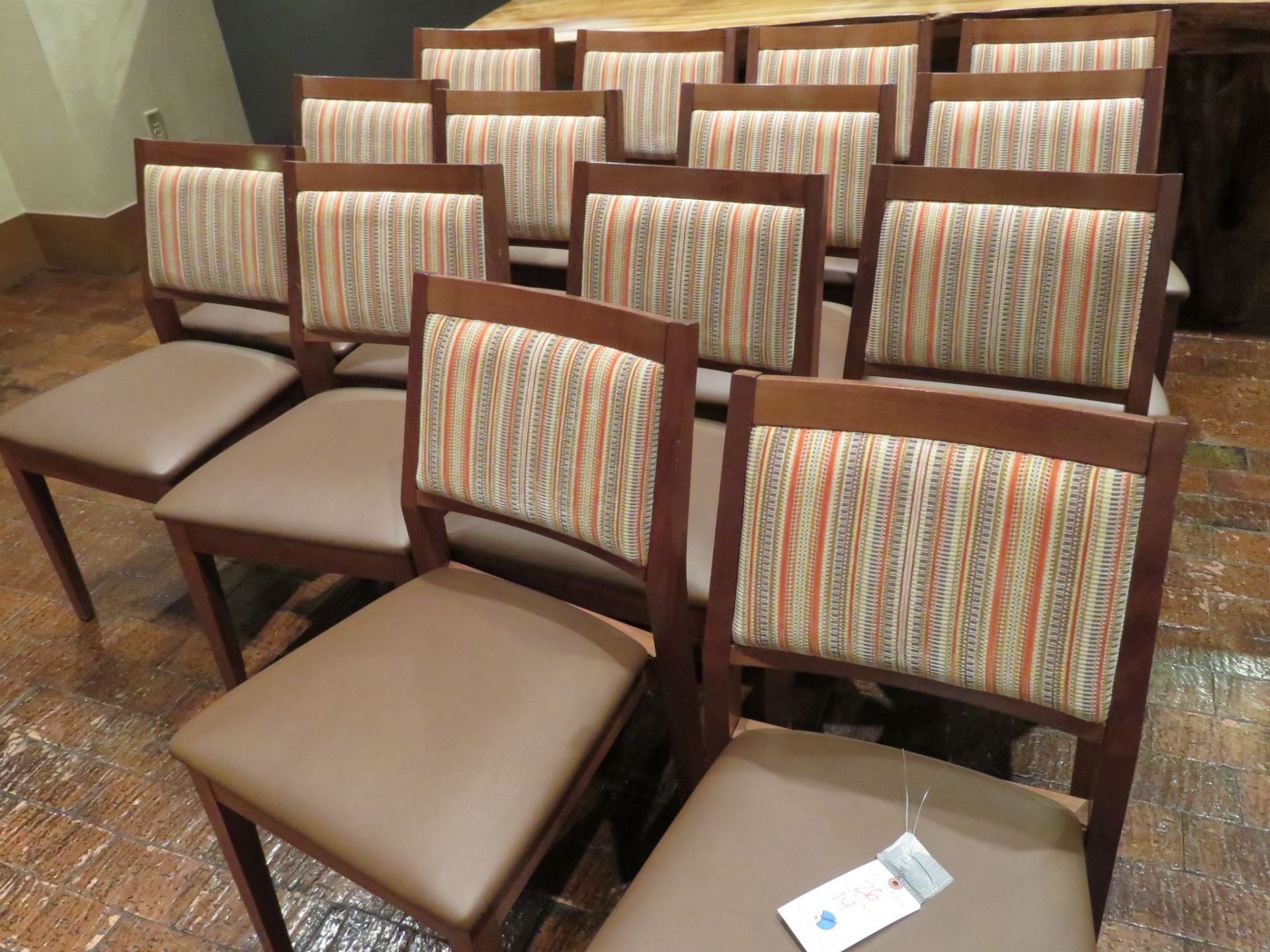 (14) Brown Vinyl UPH Seat w/ Stripped Fabric Back Wood Framed Chairs
