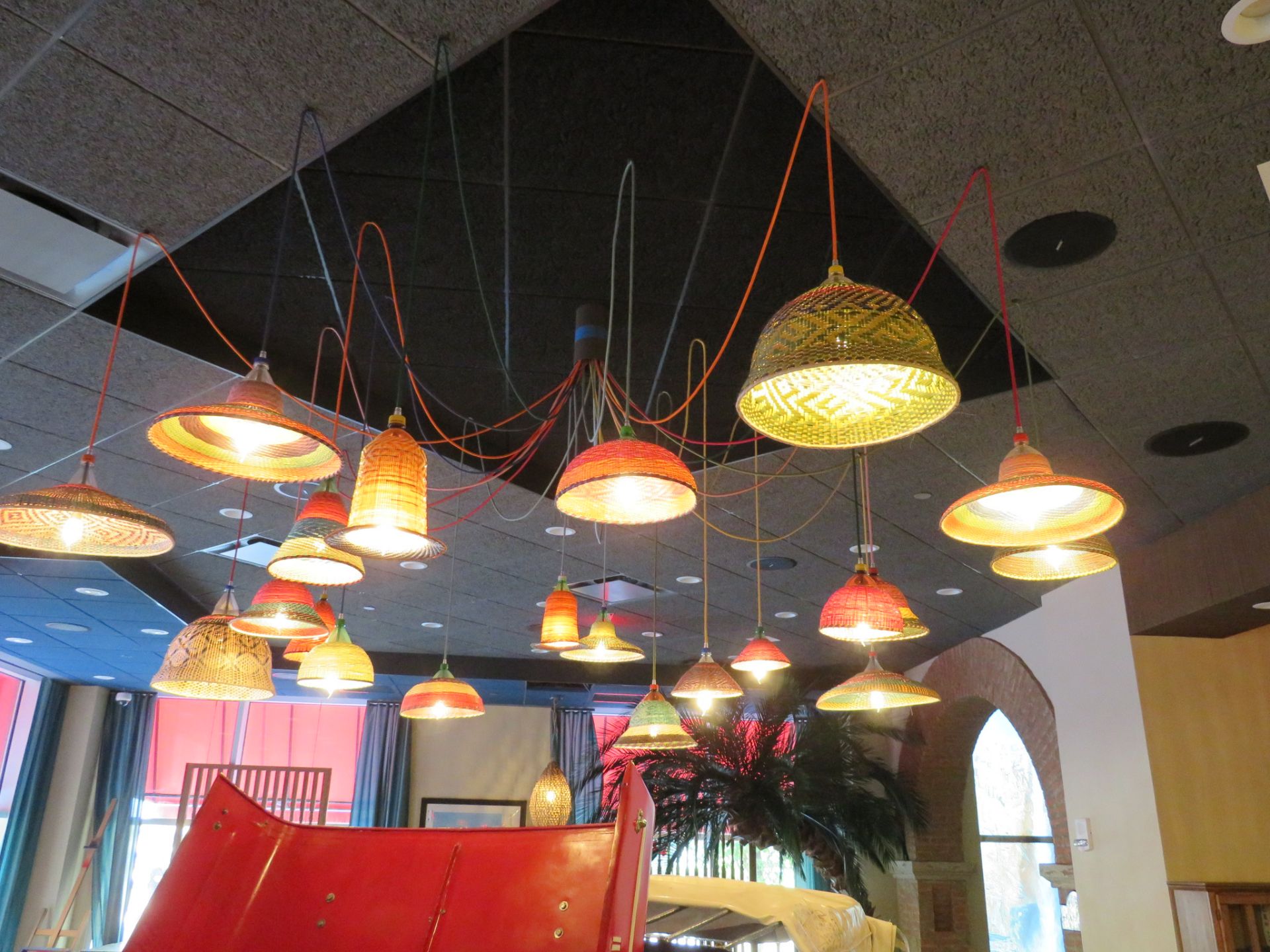 (Lot) Basket Chandeliers Over Jeep in Take Out Area