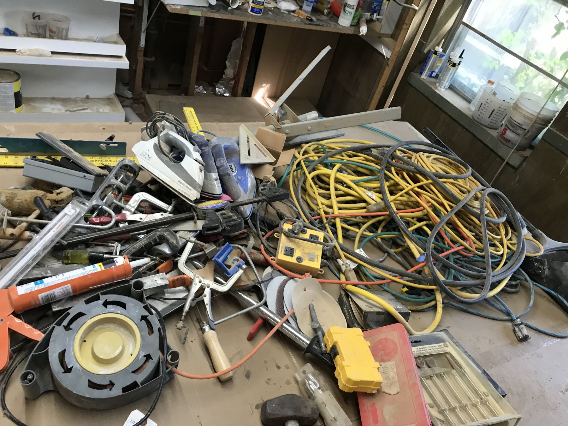 {LOT} Balance on Table C/O: Extension Cords, Clamps, Irons, ETC