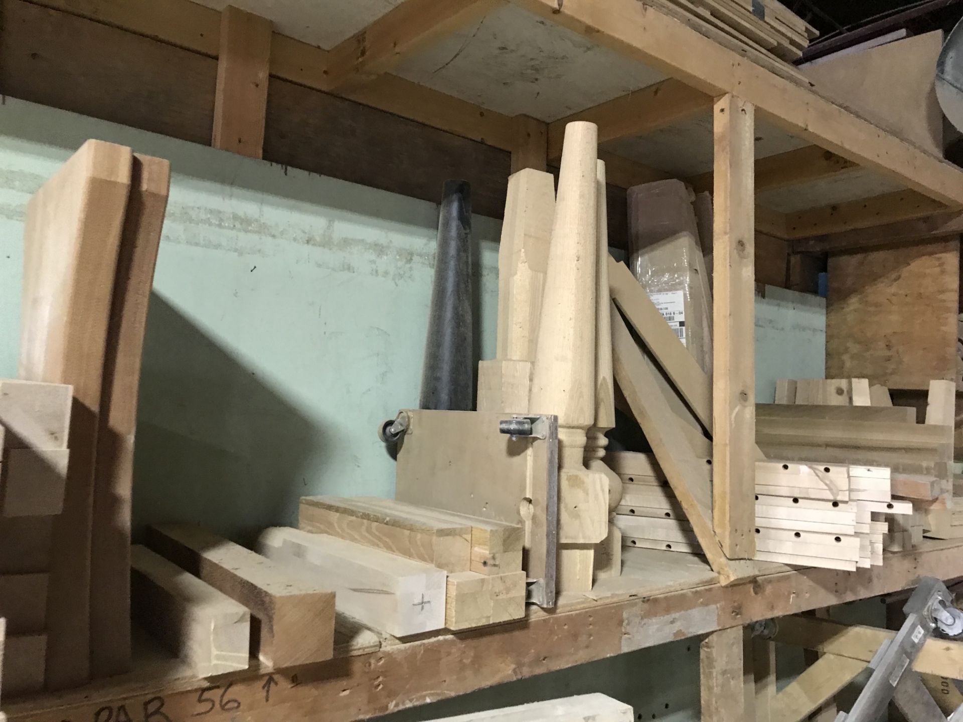 {LOT} Two Sections of Shelving C/O: Forms, Straps, and Assorted Wood Table Parts - Image 2 of 3