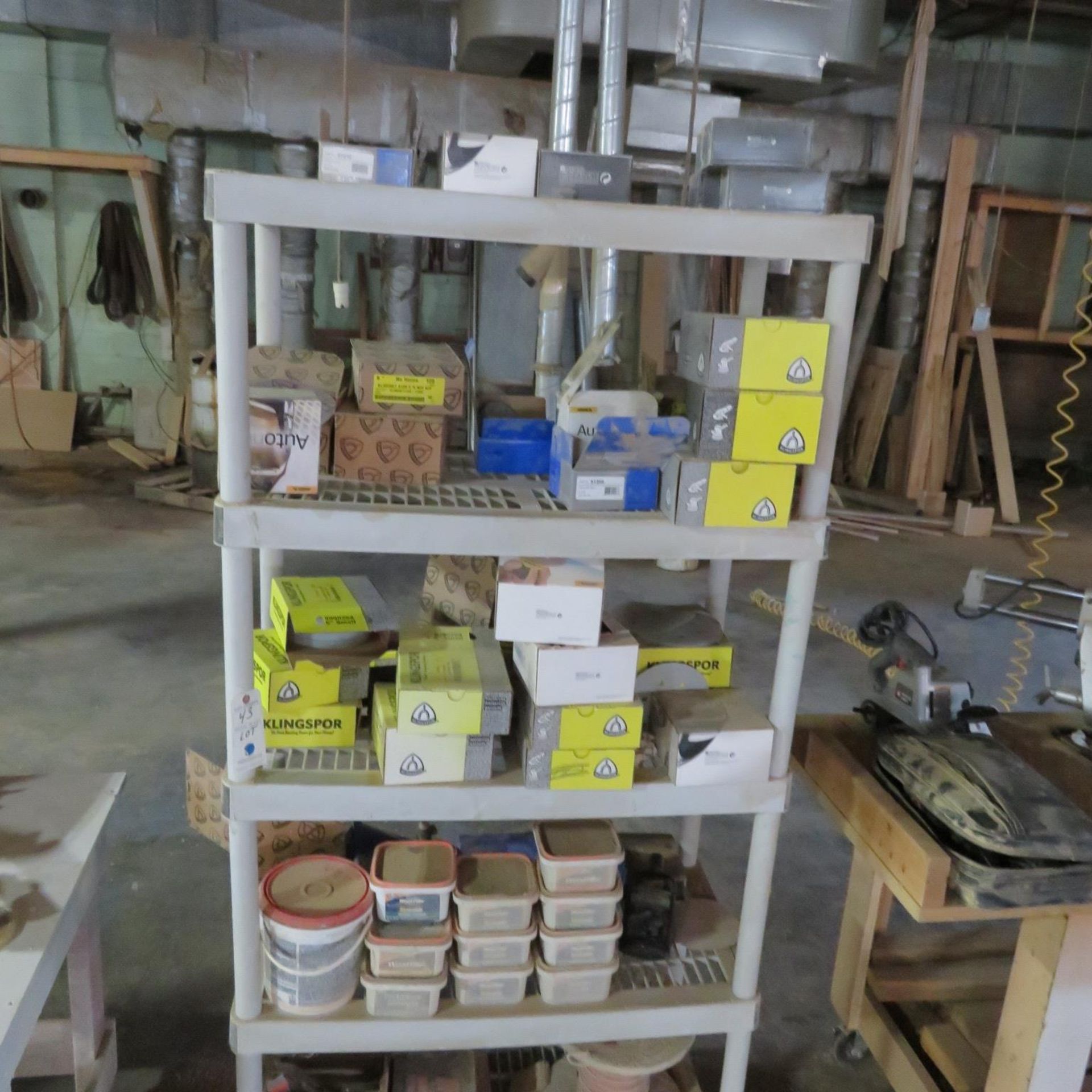 {LOT} 5 Shelves Klingspor Sanding Discs, Elmers Wood Filler, Wire, ETC.