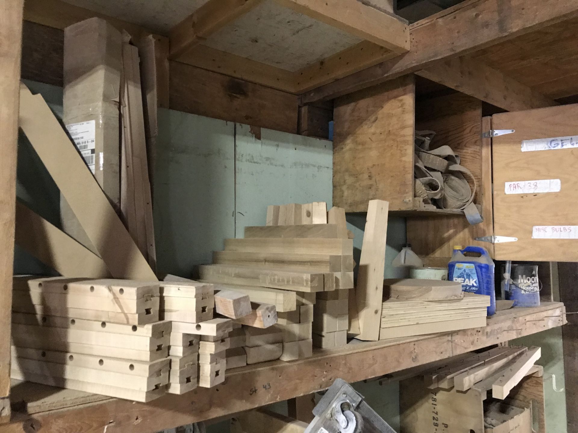 {LOT} Two Sections of Shelving C/O: Forms, Straps, and Assorted Wood Table Parts - Image 3 of 3