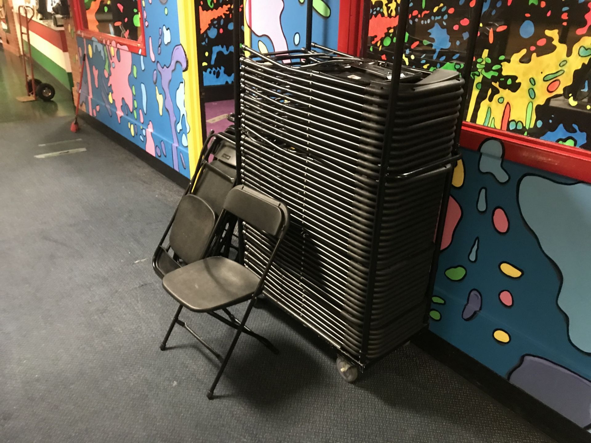 (47) Black Metal Base, Plastic Seat and Back Folding Chairs w/ Rolling Rack