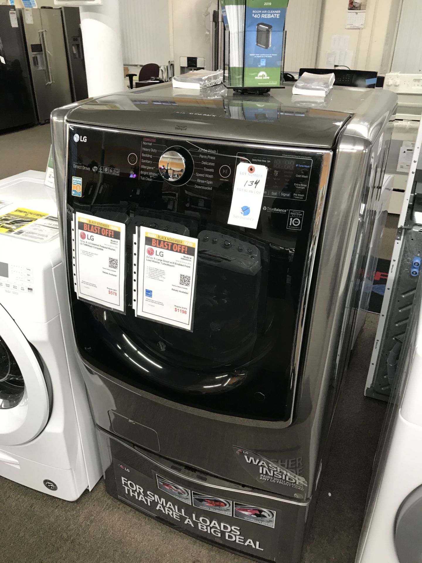 LG Front Load SS Washer Twin Washing Chambers #WM9000HVA & #WD200CV w/Pedestal (Retail: $2,836)