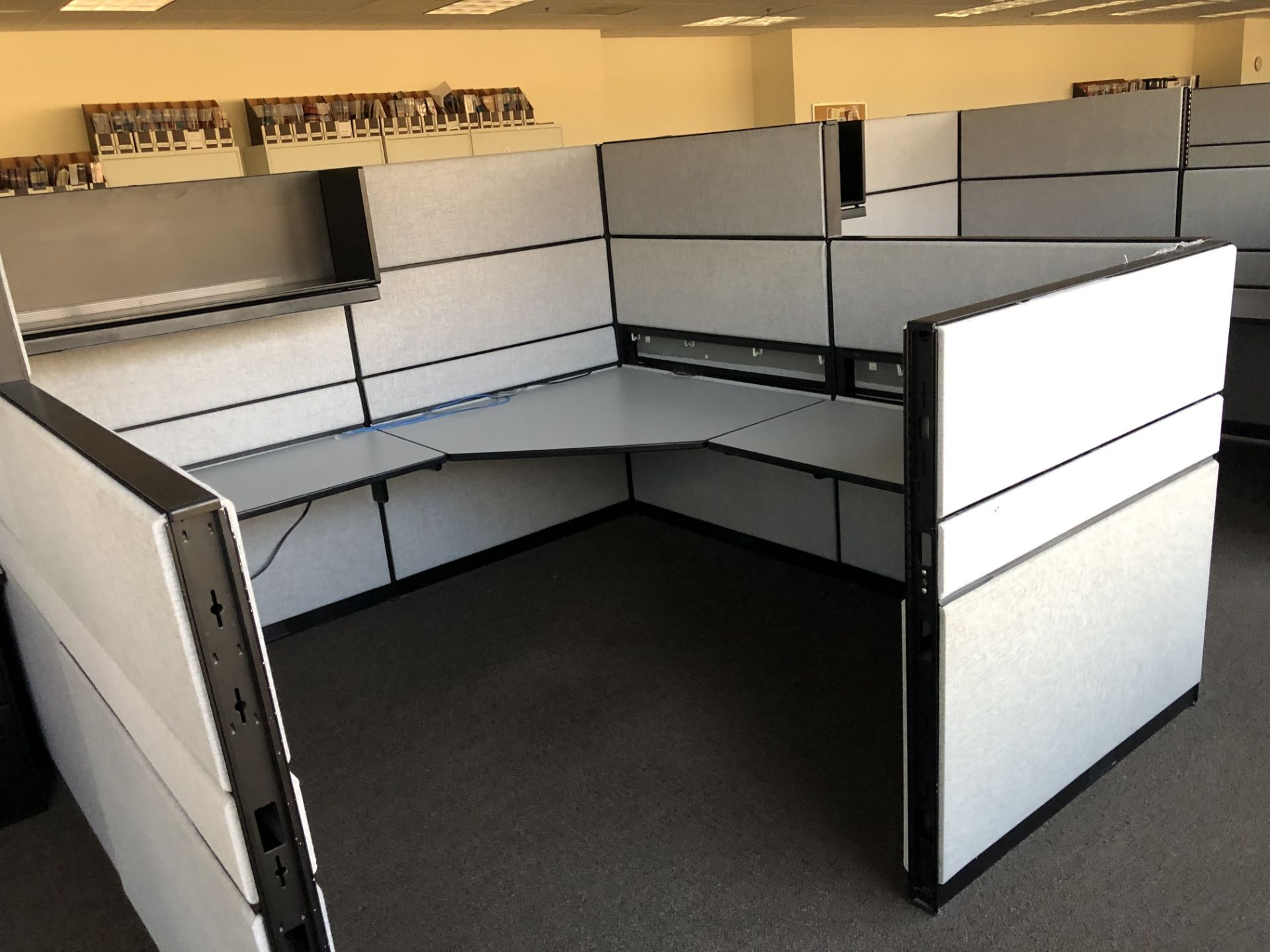 (8) Teknion Approx. 8' x 8' Cubicle Upholstered Partition Workstations with Surfaces, Drawers &