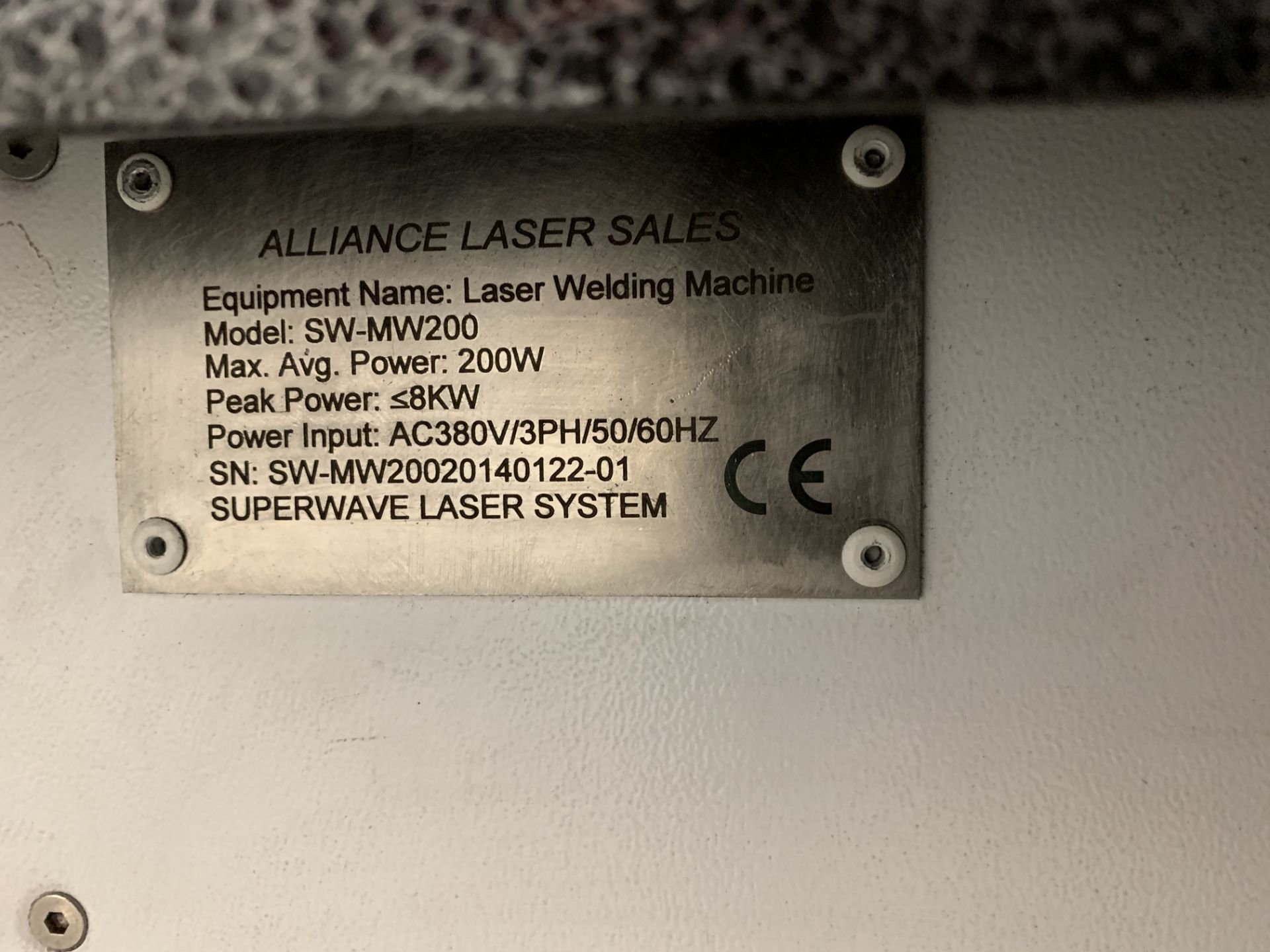 Alliance SW-MW200 Super Wave Laser Welder System, s/n SW-MW20020140122-01, 200W Max Power - Image 5 of 11