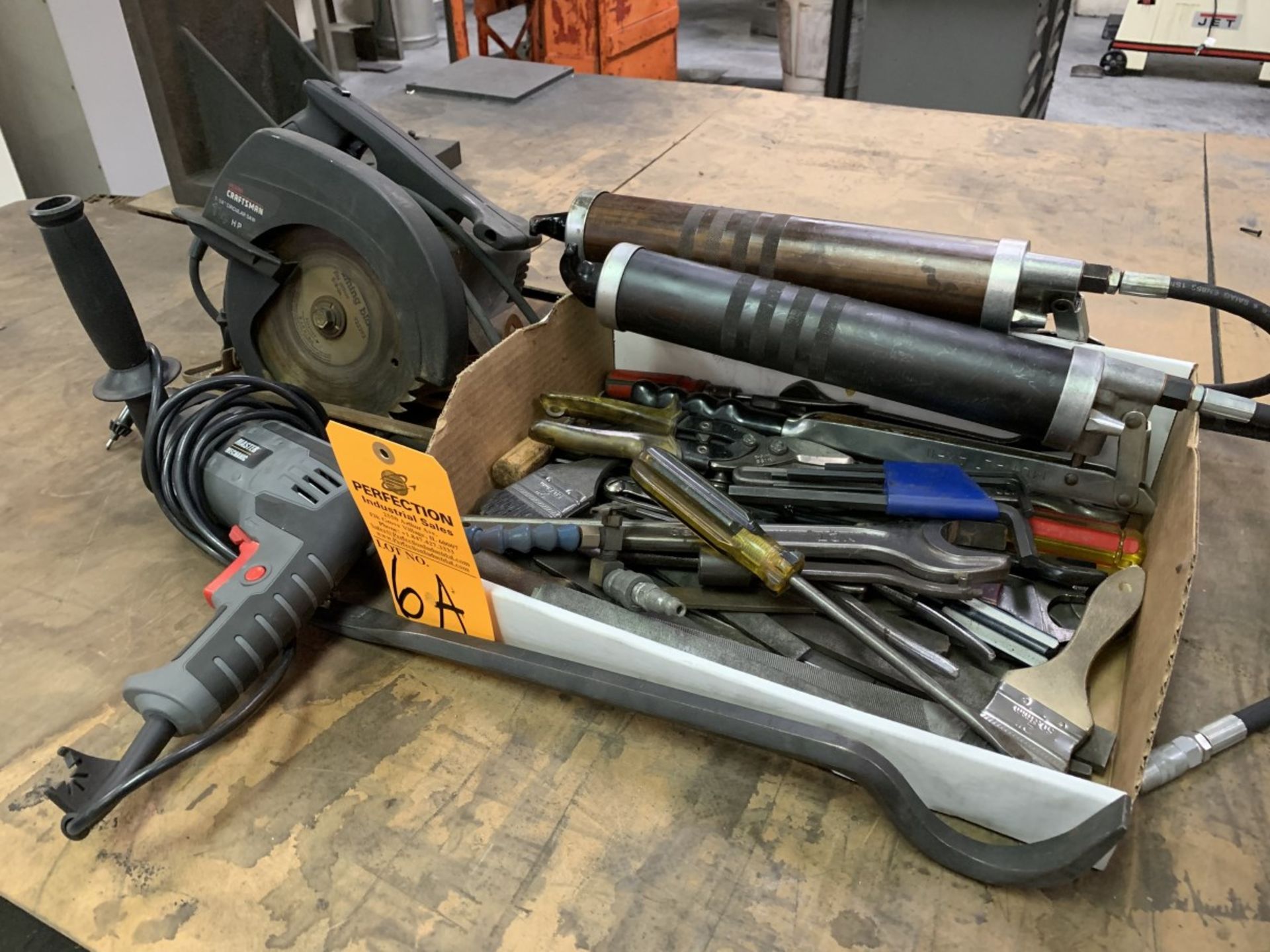 Lot of Assorted Hand Tools, Grease Guns, Craftsman Circular Saw and Master Mechanic Drill (Located