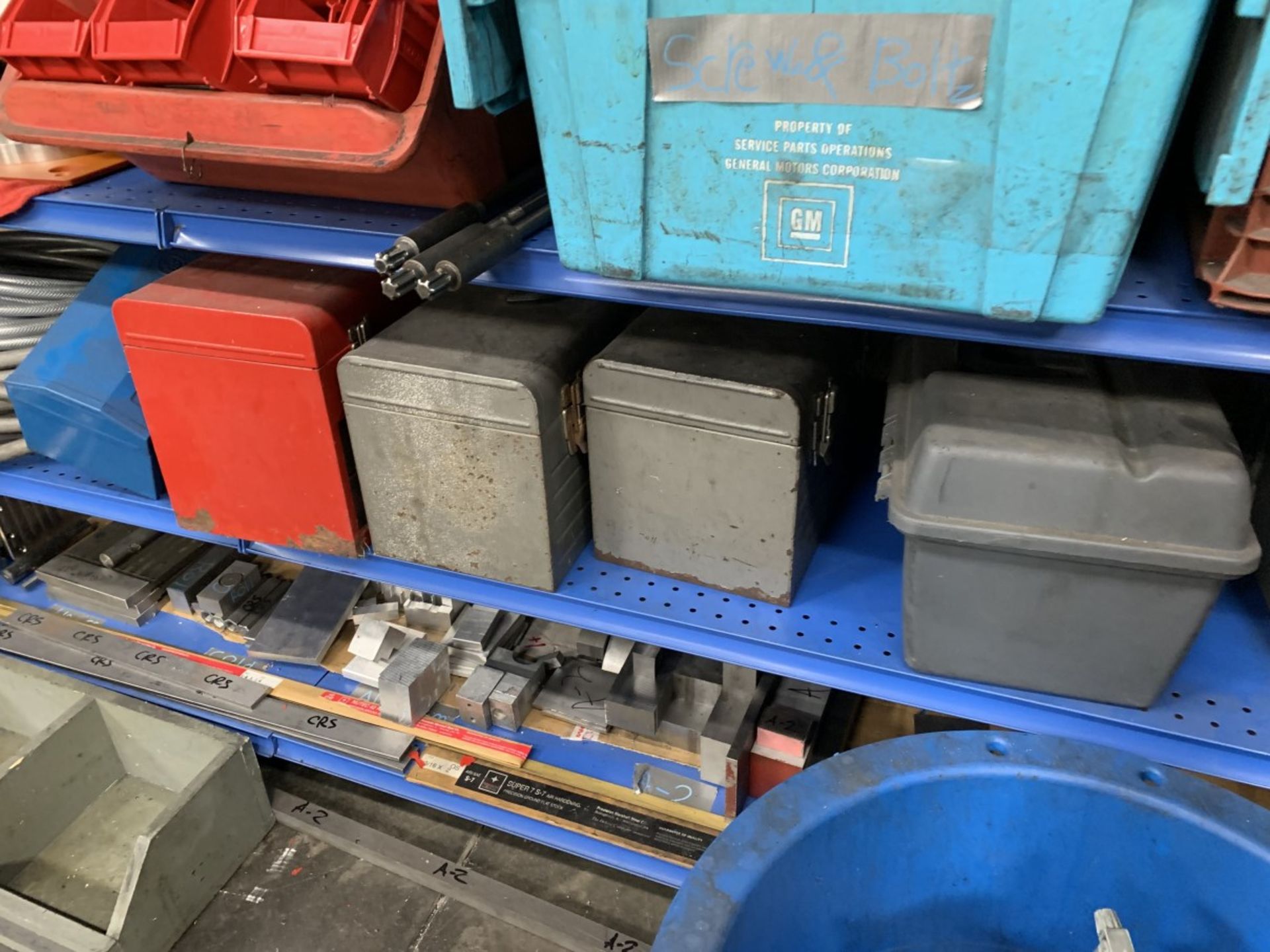 Shop Racking Unit w/ Contents Including Selection of Scrap and Tool Steel, Hose, Tool Boxes, Oil Dry - Image 3 of 5