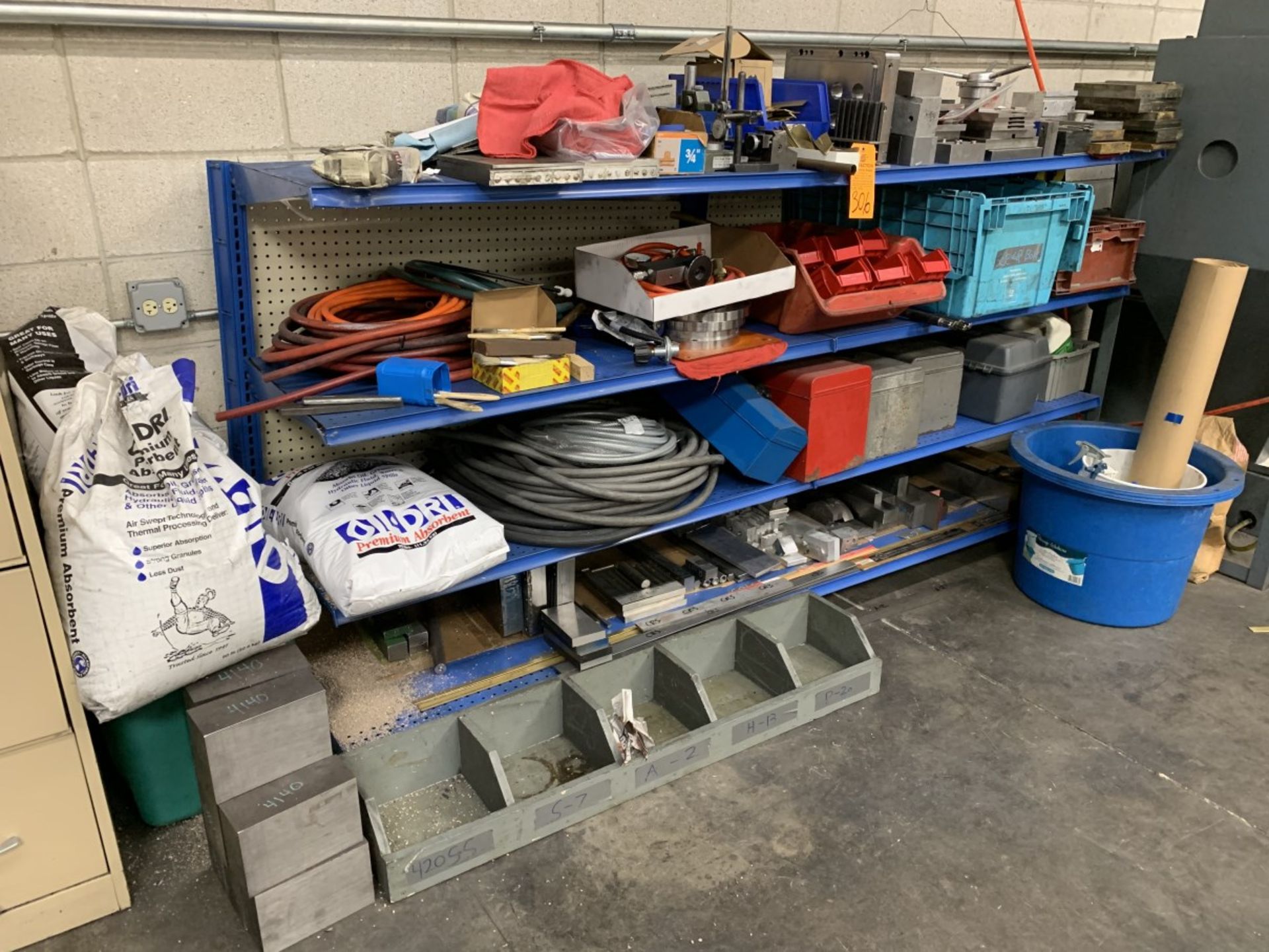 Shop Racking Unit w/ Contents Including Selection of Scrap and Tool Steel, Hose, Tool Boxes, Oil Dry
