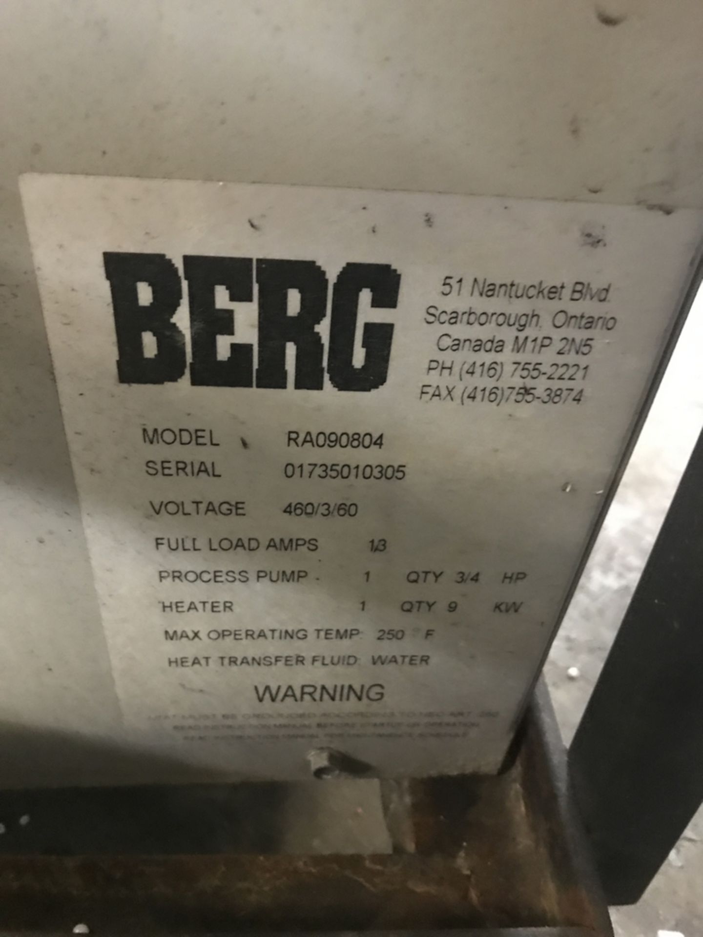 BERG RA090804 Thermolator, s/n 01735010305 BLDG #1 - Image 2 of 2