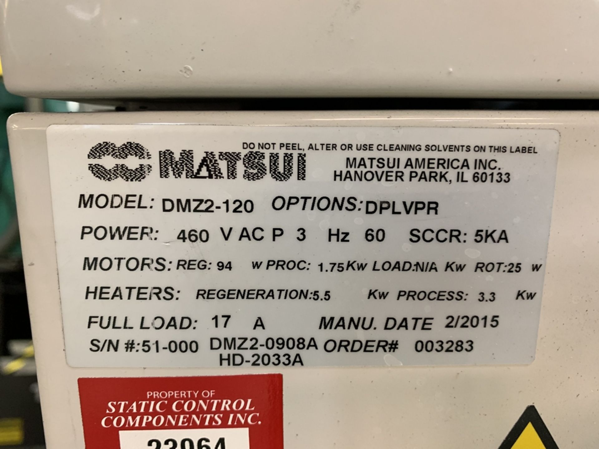 2015 MATSUI DMZ2-120 Portable Hopper Dryer, s/n 51-000 BLDG #1 - Image 3 of 4