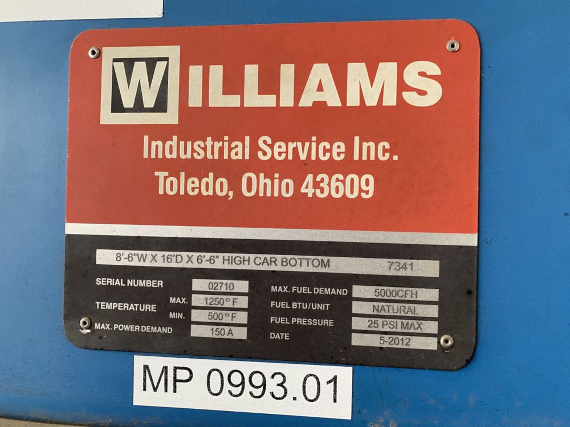 2012 WILLIAMS Car Bottom Stress Relief Furnace s/n 02710, 1250 Deg F Max Temp, Natural Gas, - Image 5 of 14