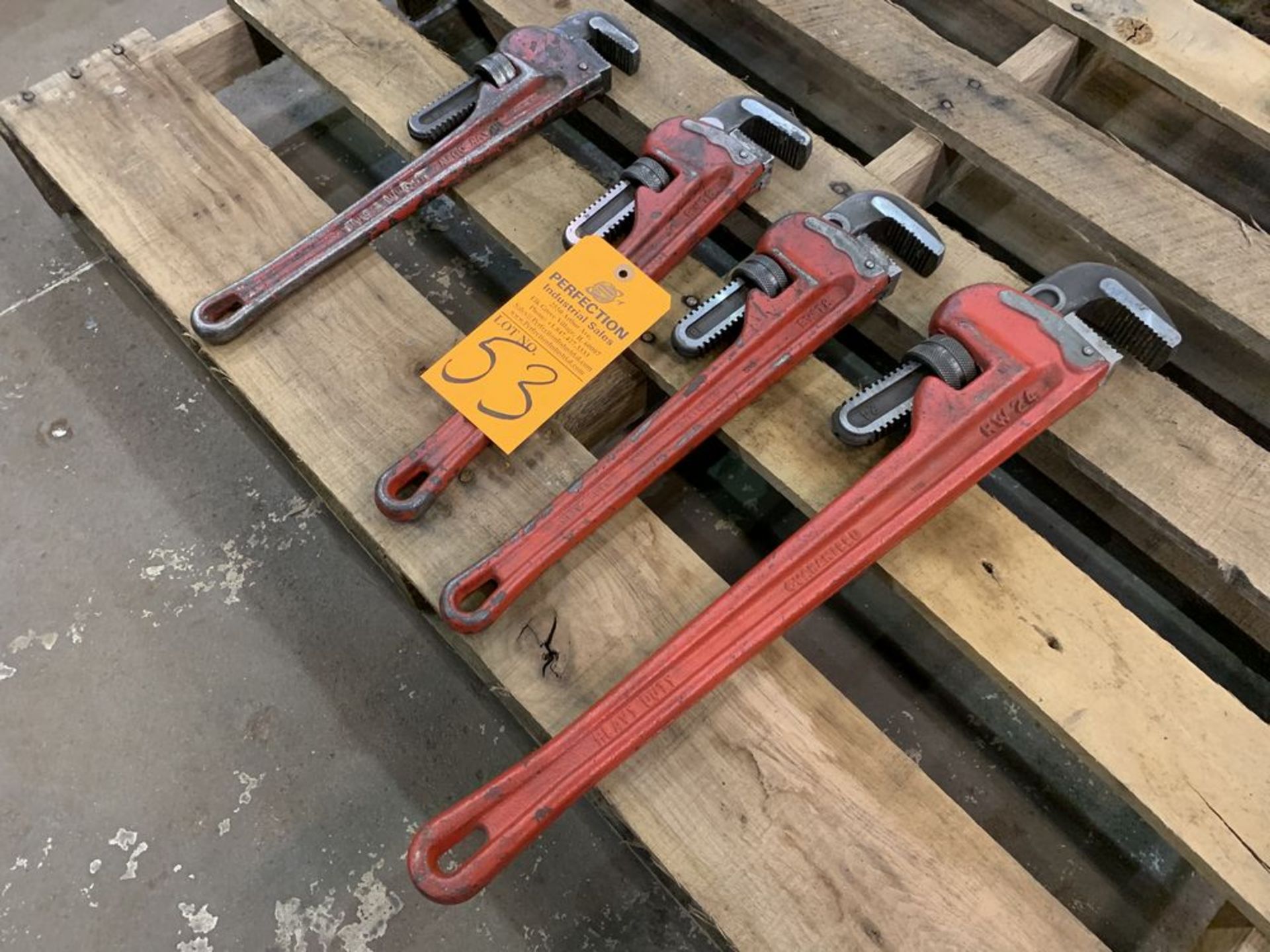 Lot Comprising (3) Reed Pipe Wrenches, (1) 24" and (2) 18" w/ (1) Task Force 18" Pipe Wrench