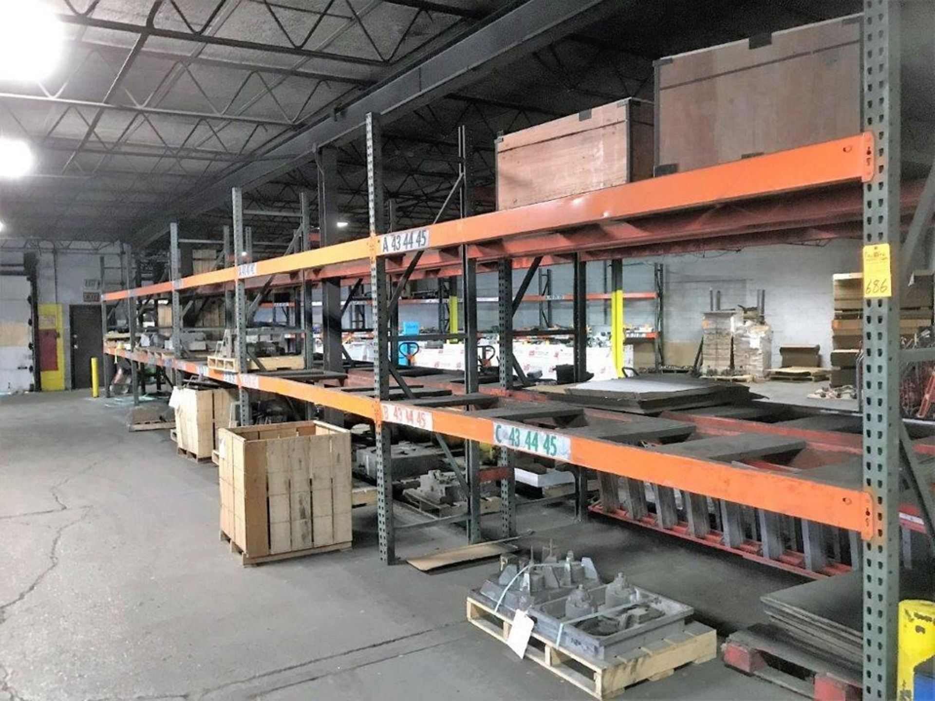 (5) SECTIONS PALLET RACKING 10' X 32" UPRIGHTS WITH 11' LOAD BEAMS, WOOD DECKING (LOC. SHIPPING