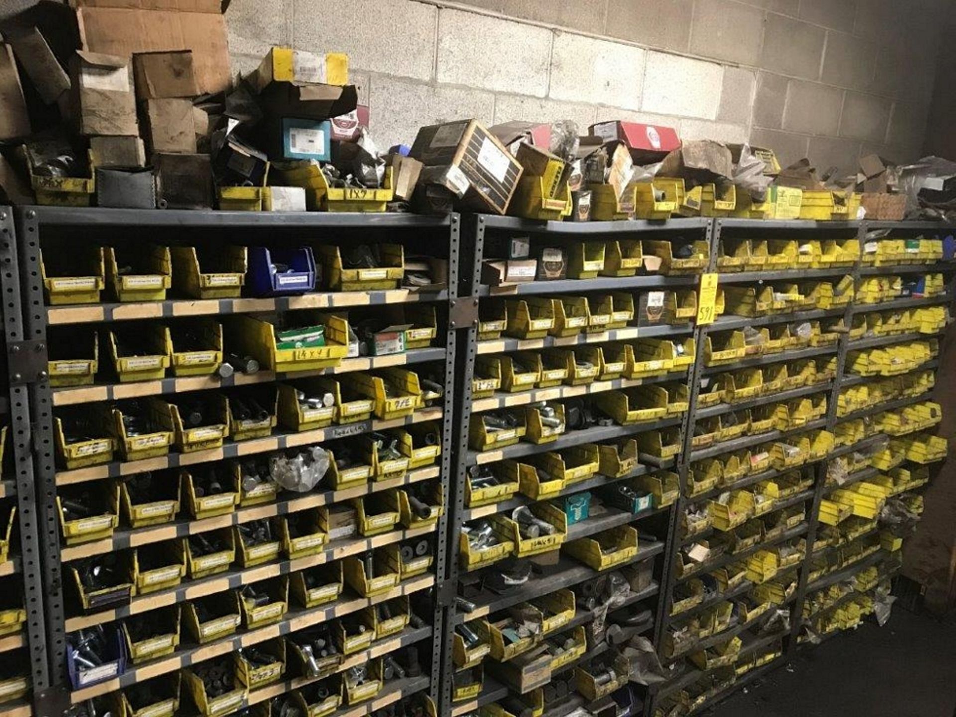 LOT OF SHELVING & BINS CONTAINING ASSORTED FASTENERS, FACILITY MAINTENANCE AND SPARE MACHINE PARTS.