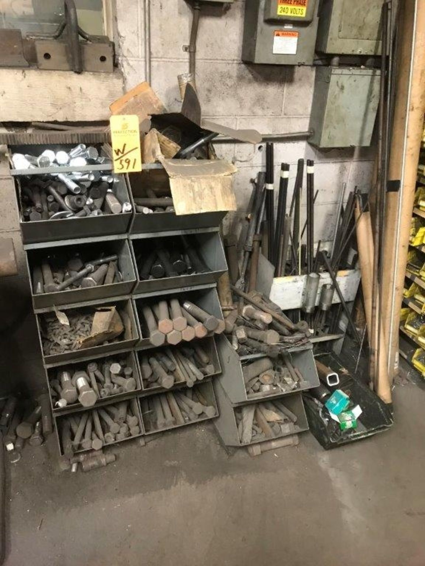 LOT OF SHELVING & BINS CONTAINING ASSORTED FASTENERS, FACILITY MAINTENANCE AND SPARE MACHINE PARTS. - Image 3 of 4