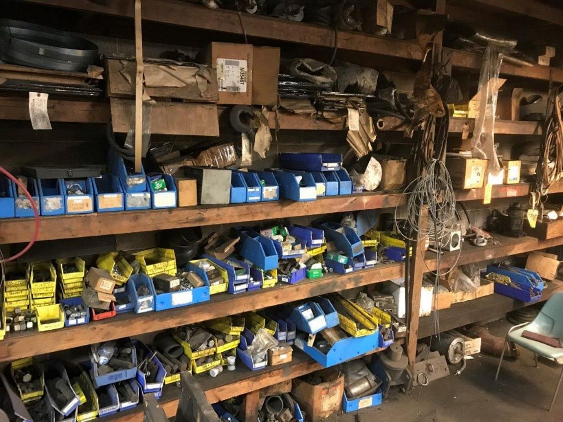 LOT OF SHELVING & BINS CONTAINING ASSORTED FASTENERS, FACILITY MAINTENANCE AND SPARE MACHINE PARTS. - Image 2 of 4