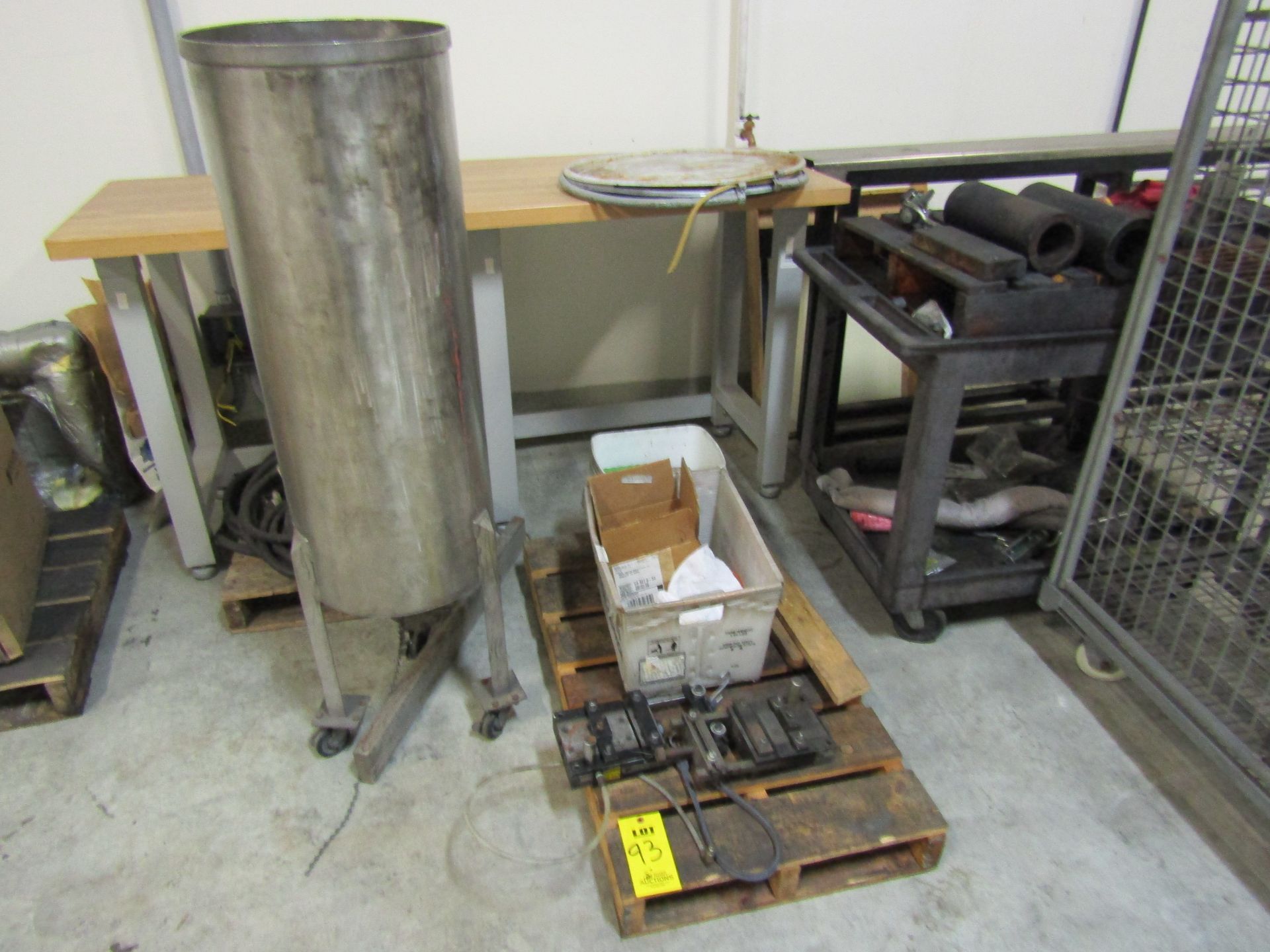 Misc. Air Feed Parts, Separating Bucket, Cage Cart, Misc. Cart and Parts, (2) Tables