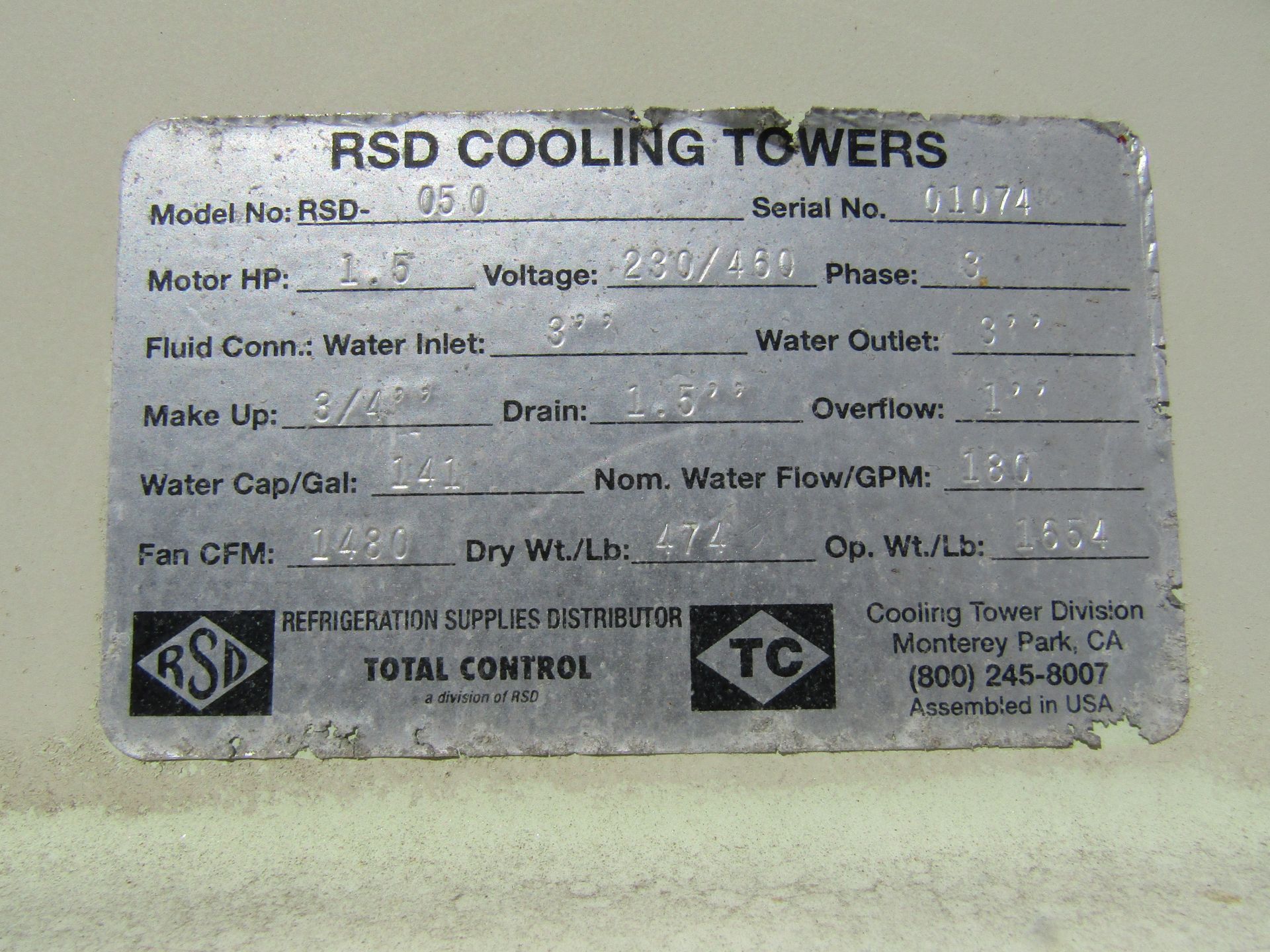 RSD Cooling Tower, Model 05.0, Serial 01074, Motor 1.5 Hp, 230/460 V, 3 Phase, Water Cooling - Image 3 of 6