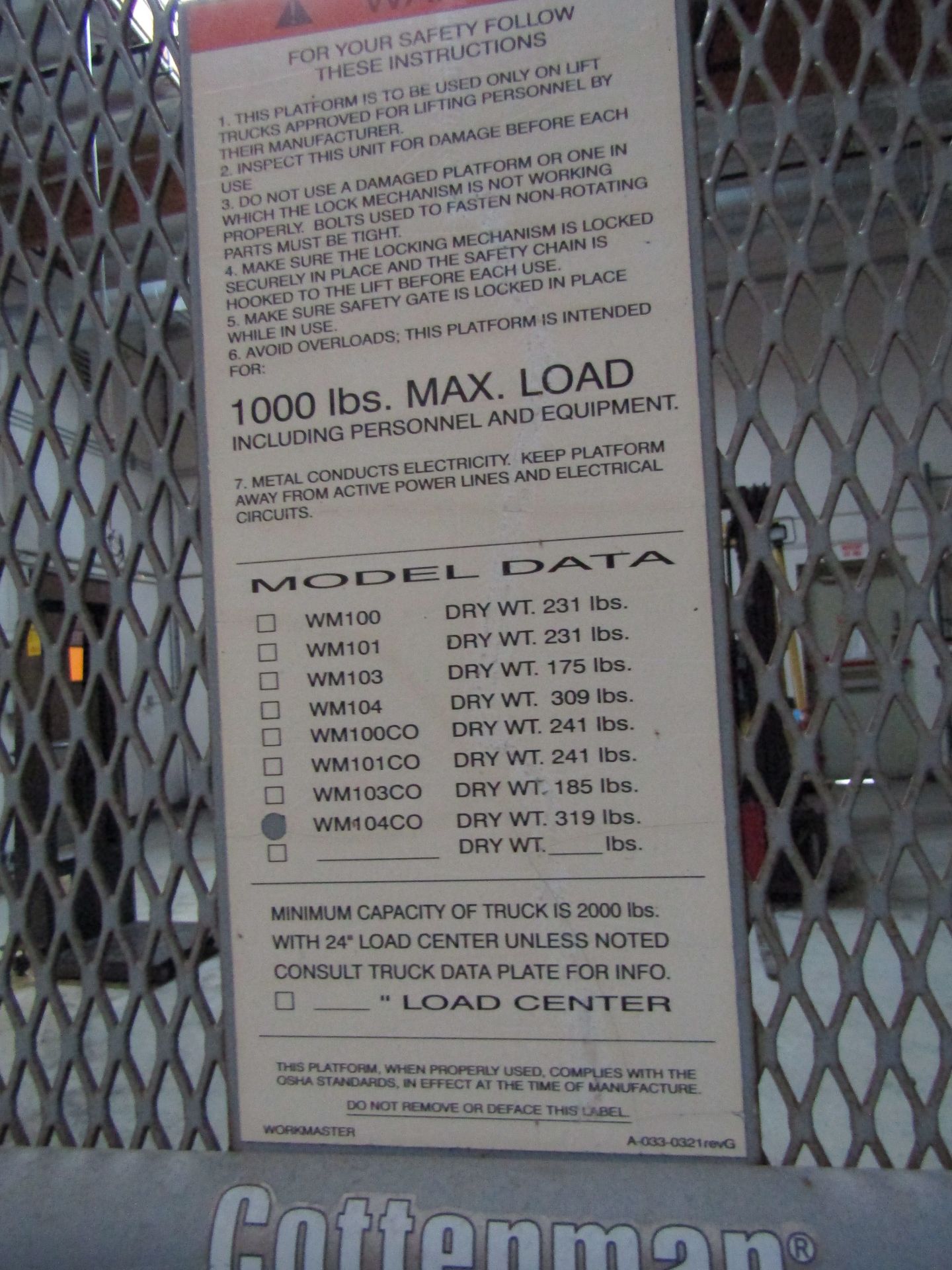 Forklift Support Items to Include: (1) Cotterman Work Master Platform, 1,000 Lb Cao, WM104CO, (1 - Image 3 of 5