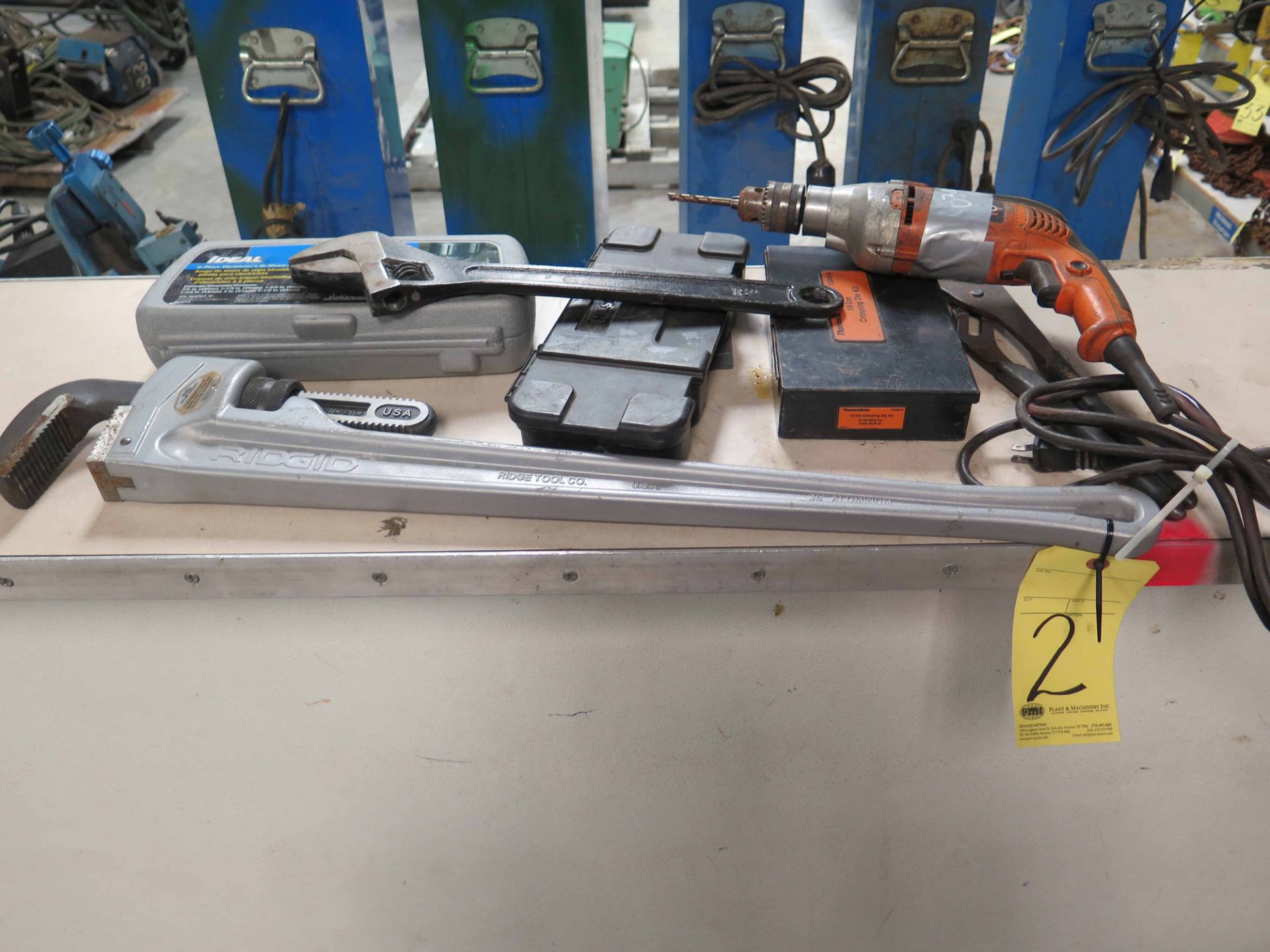 LOT OF ASSORTED TOOLS: Ridgid 36" aluminum pipe wrench, 18" adj. wrench, 18" slip joint pliers,