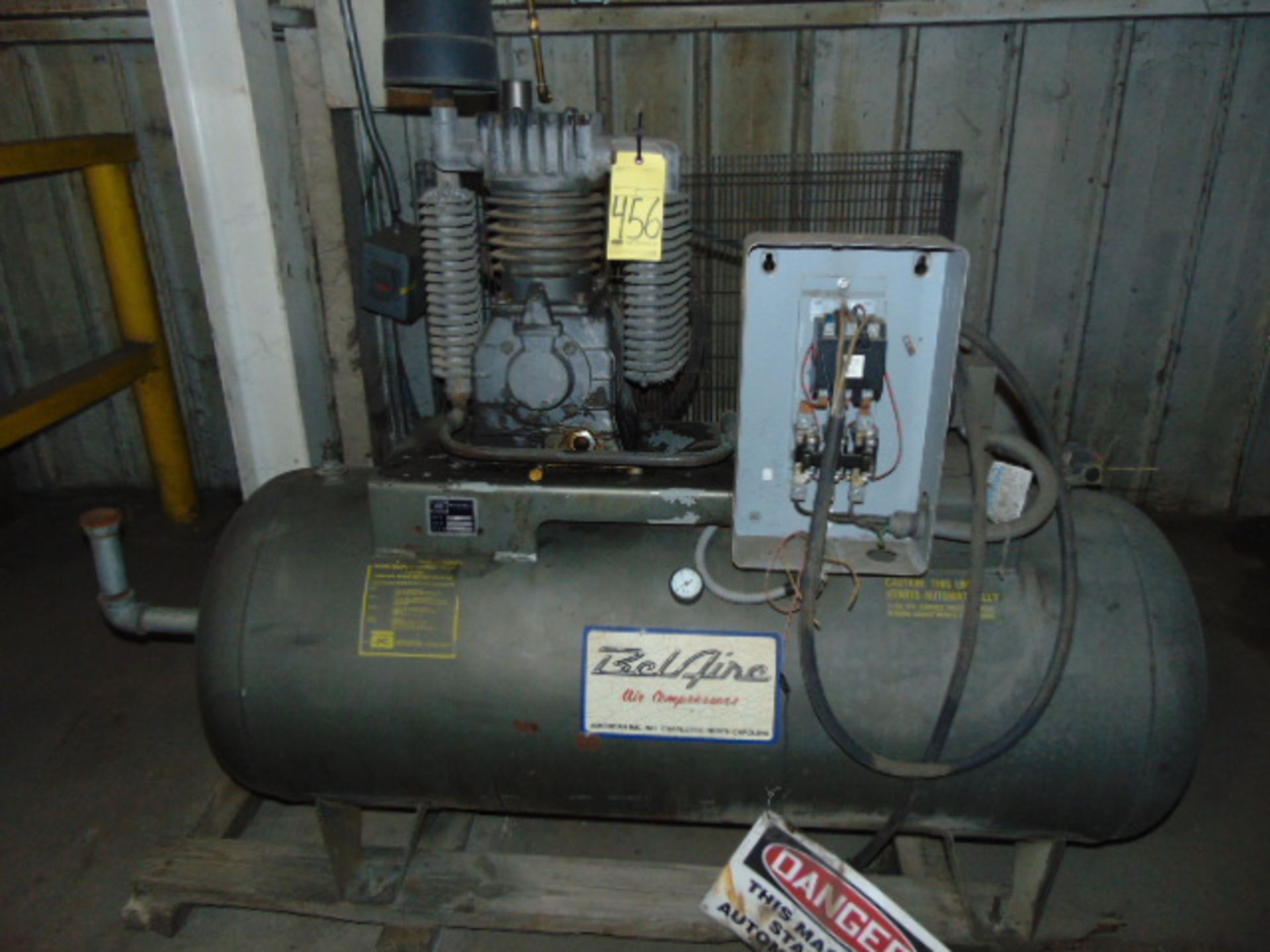 RECIPROCATING TYPE AIR COMPRESSOR, BELLAIRE 2-STAGE, 10 HP motor, 90 gal. horiz. tank, S/N 40763