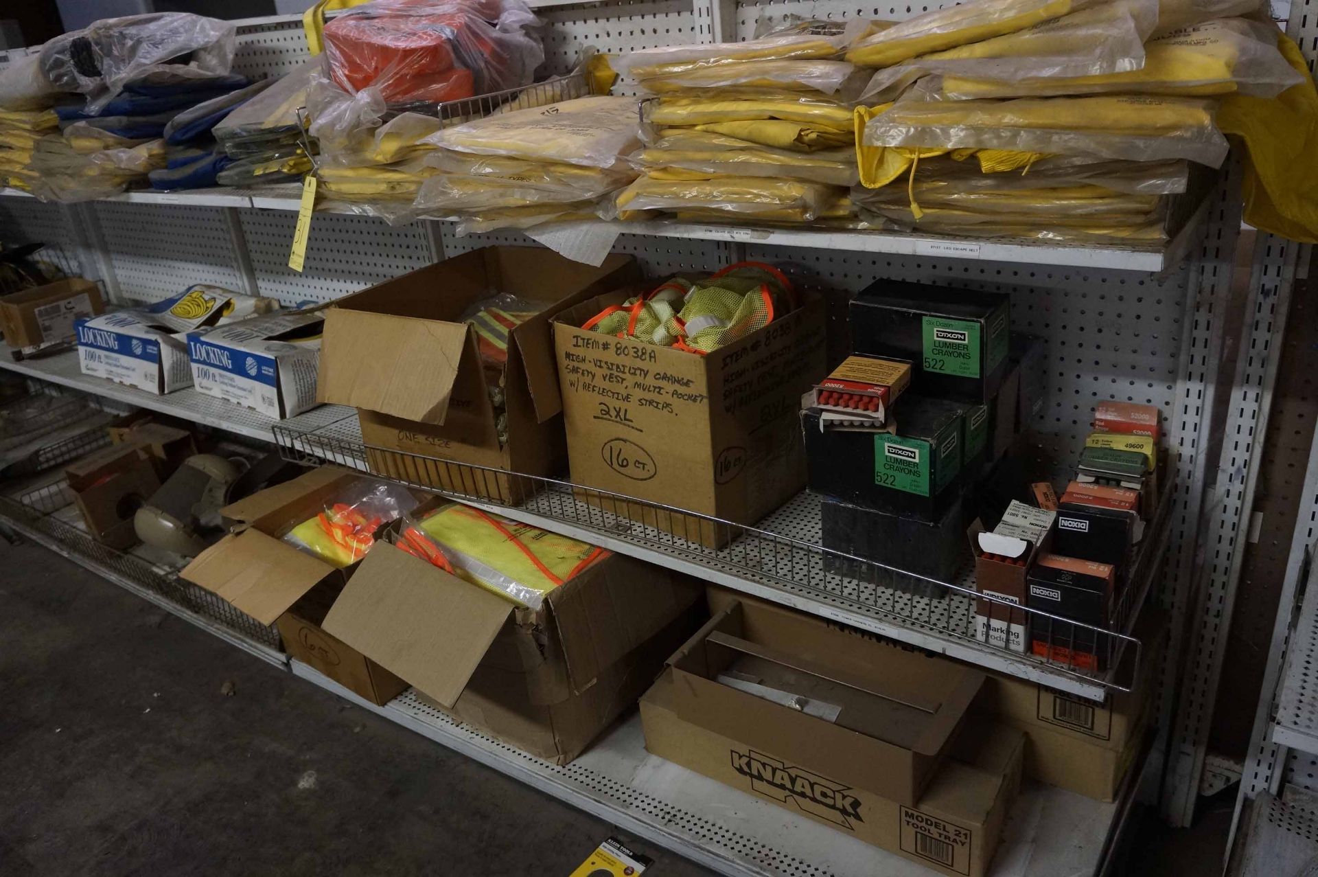 LOT OF SHELVES, w/100' extension cords, rain coats, safety vests, & more - Image 2 of 2