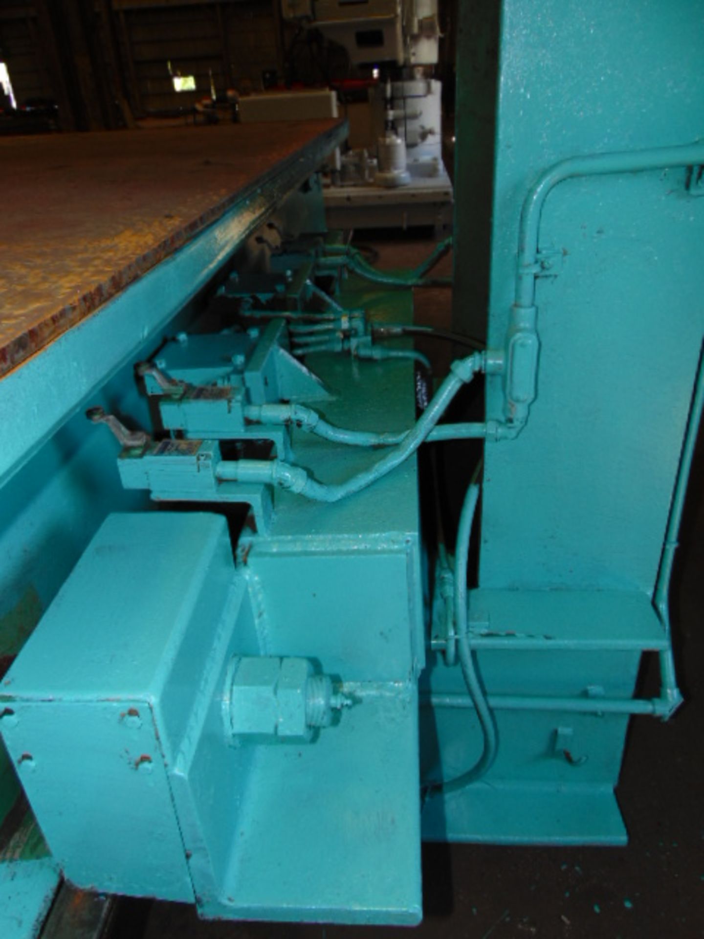TRAVELING FRAME STRAIGHTENING PRESS, DAKE 300 T. CAP. MDL. 19-418, 98' W. x 152" L. bed, approx. 36" - Image 10 of 12