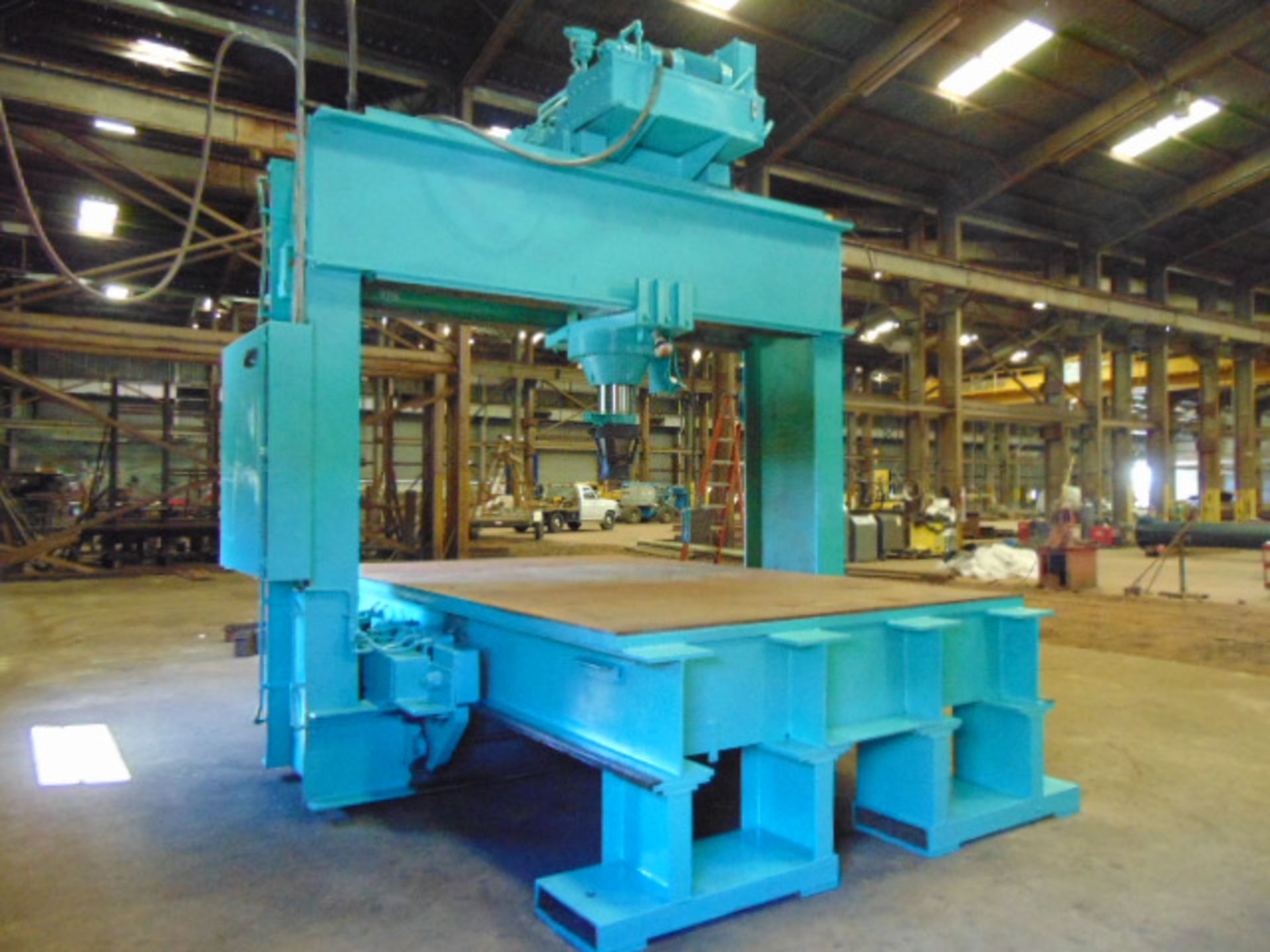 TRAVELING FRAME STRAIGHTENING PRESS, DAKE 300 T. CAP. MDL. 19-418, 98' W. x 152" L. bed, approx. 36" - Image 3 of 12