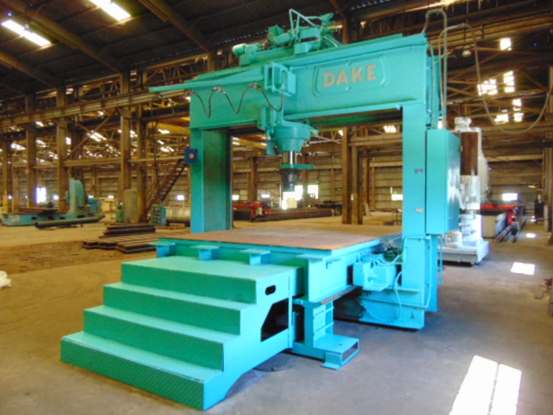 TRAVELING FRAME STRAIGHTENING PRESS, DAKE 300 T. CAP. MDL. 19-418, 98' W. x 152" L. bed, approx. 36" - Image 2 of 12