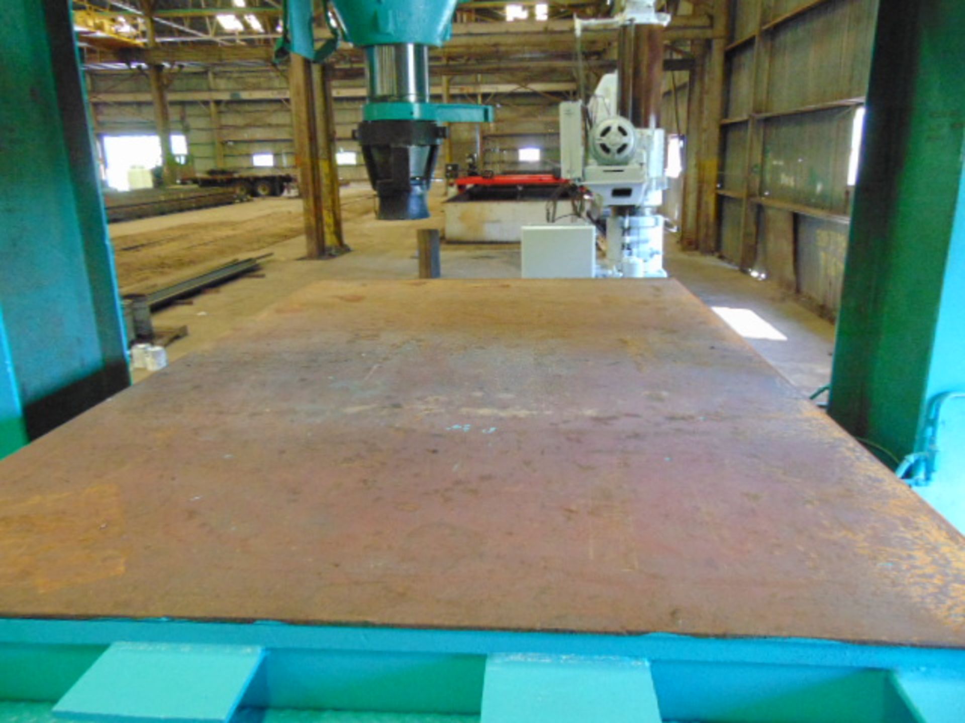 TRAVELING FRAME STRAIGHTENING PRESS, DAKE 300 T. CAP. MDL. 19-418, 98' W. x 152" L. bed, approx. 36" - Image 12 of 12