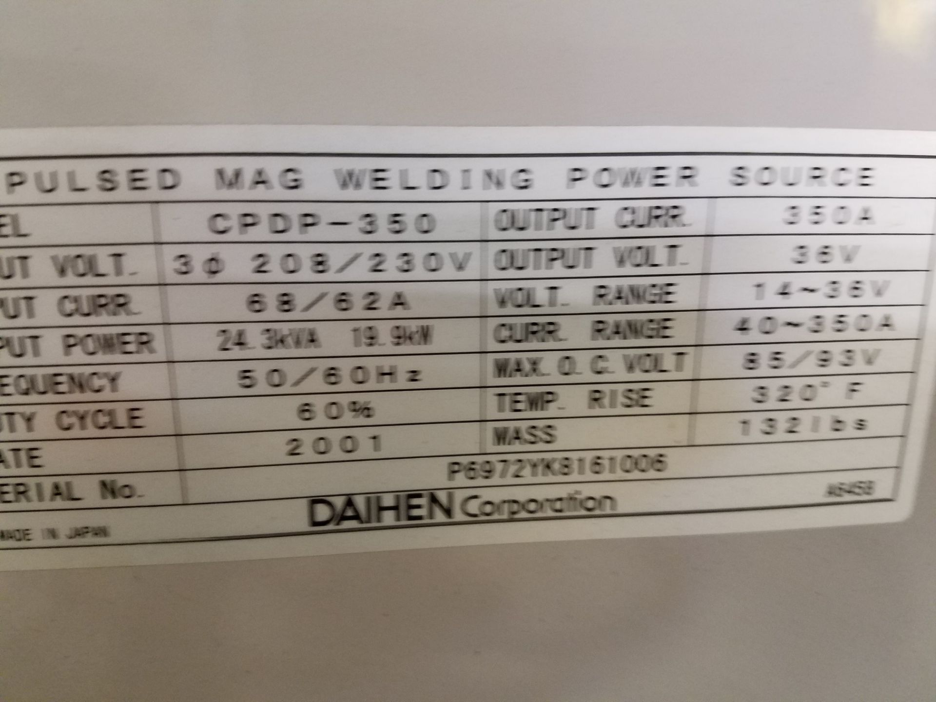 OTC CPDP-350 MIG, 350A WELDER w/OTC Mdl. CMH-147 wire feeder S/N P6972YK8161006. (Location S: - Image 3 of 3