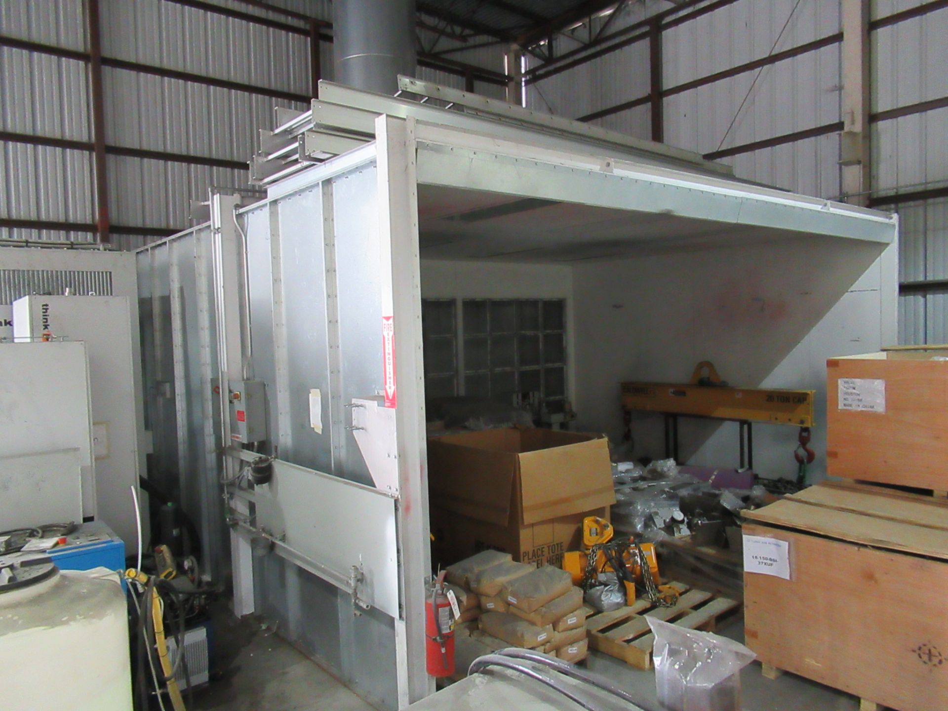 CUSTOM, PAINT BOOTH, 3-sided, 20’ x 16’ x 10’ ht., exhaust system, lights, MCI controls. (Location