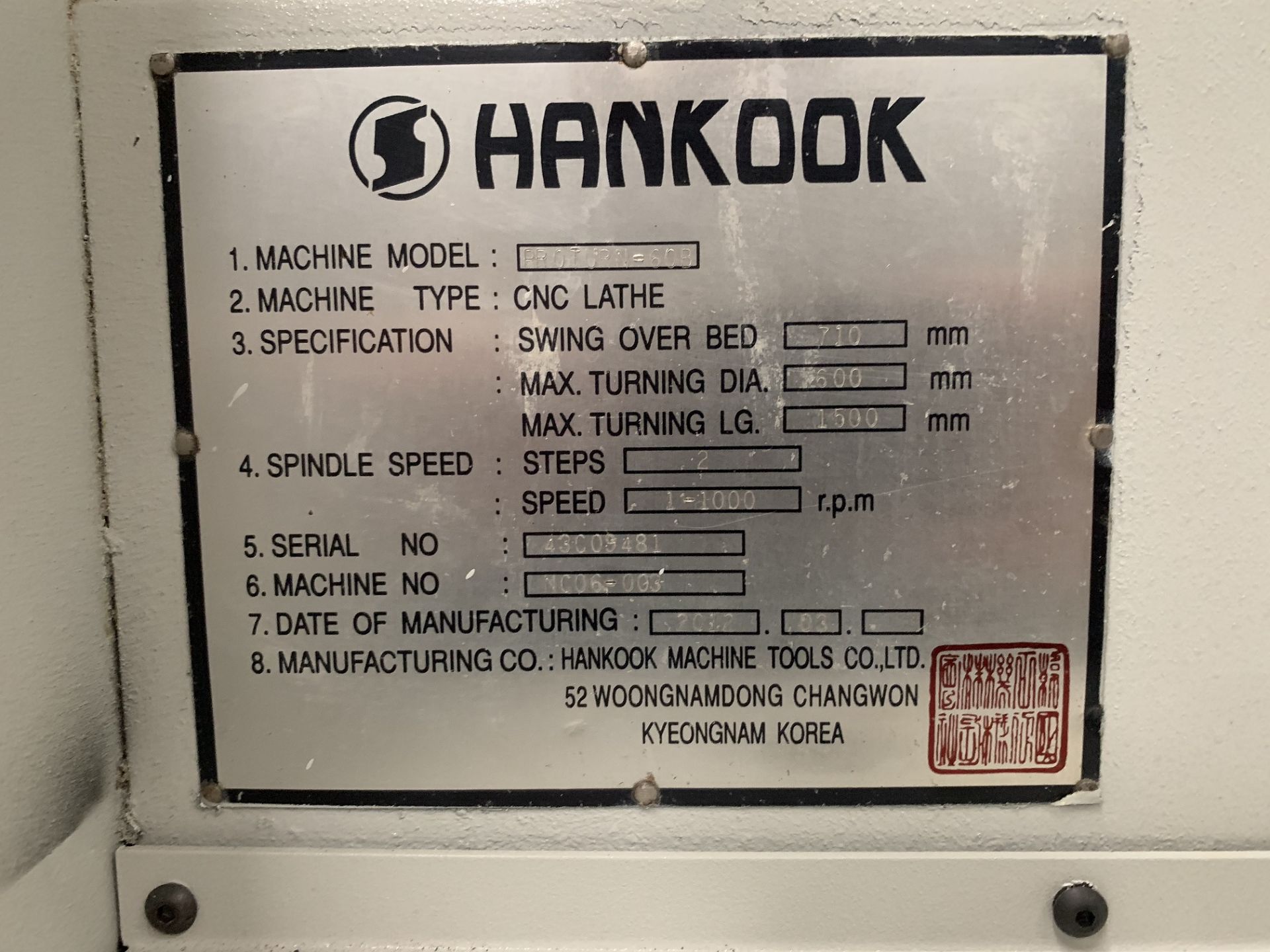 CNC FLATBED HOLLOW SPINDLE LATHE, HANKOOK PROTURN 60B, new 2012, Fanuc 0i-TD CNC control, 2-axis, - Image 8 of 8