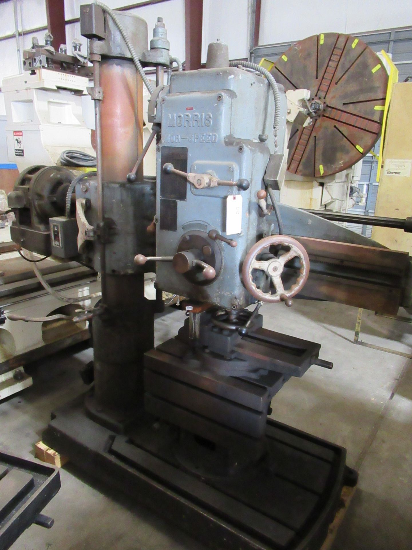 3’ X 9” MORRIS RADIAL DRILL 208V, Box Table, Vise, ($150 loading charge) (Location U: Stored At Able